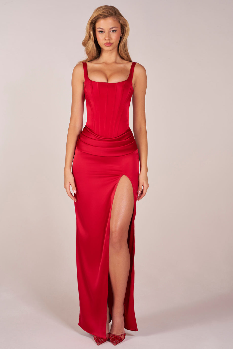Corseted Thigh-High Split Maxi Dress in Rose Red