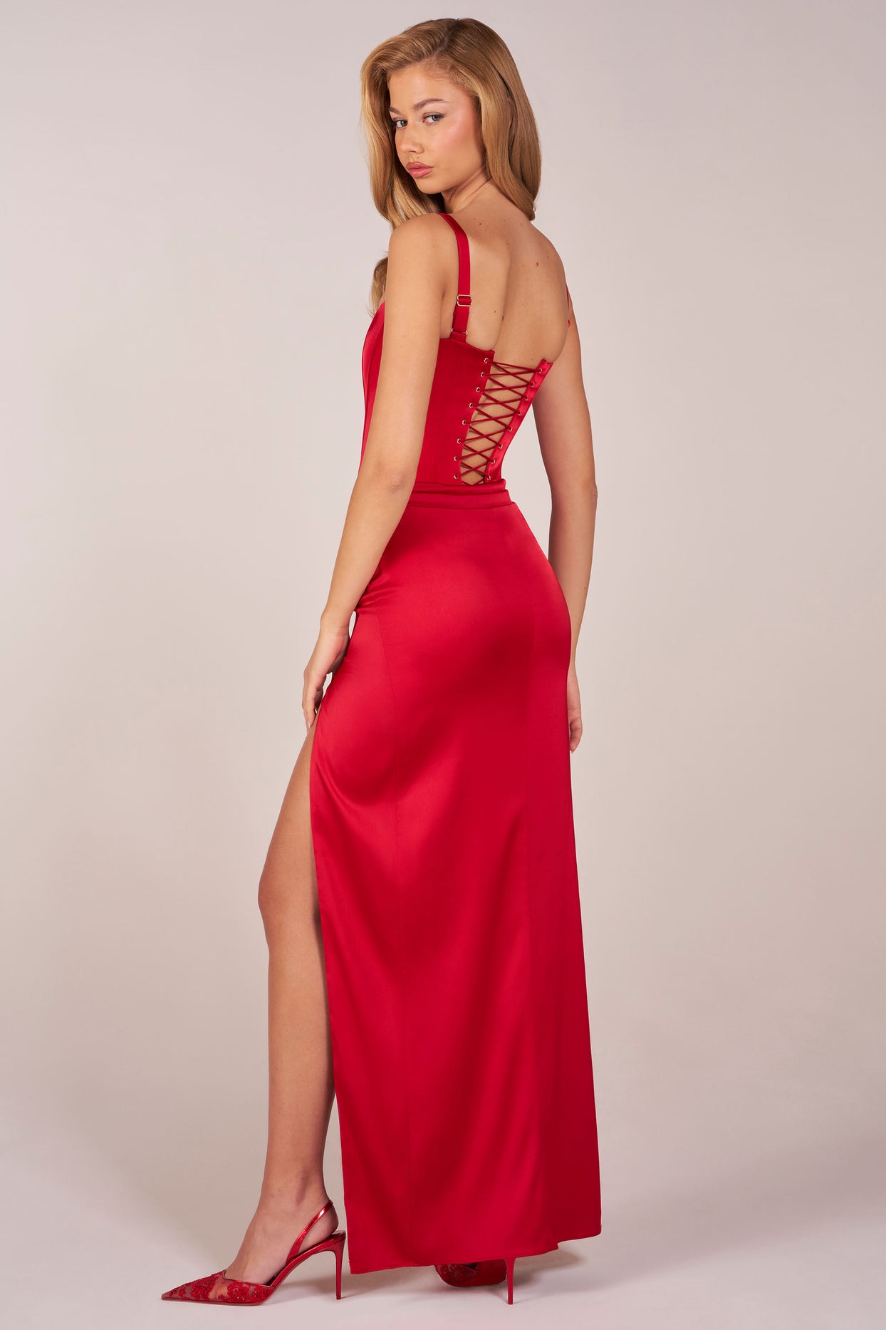 Corseted Thigh-High Split Maxi Dress in Rose Red