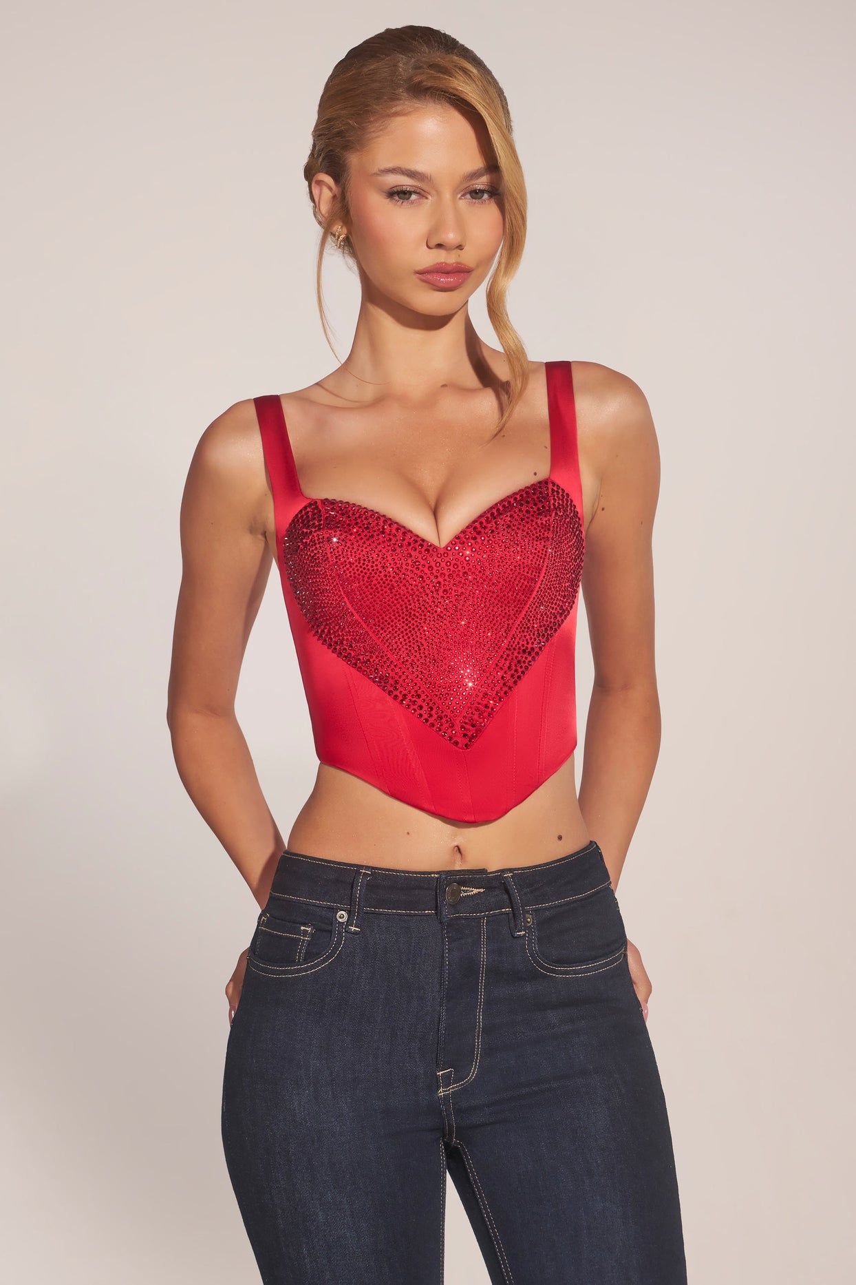 Sweetheart-Neck Lace-Up Corset Top in Rose Red