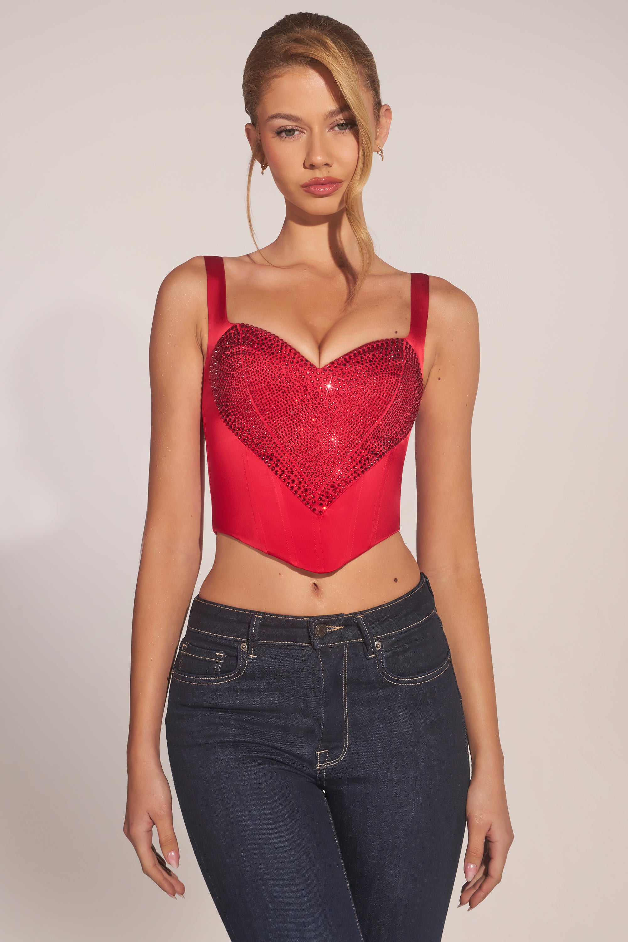 Sweetheart-Neck Lace-Up Corset Top in Cherry