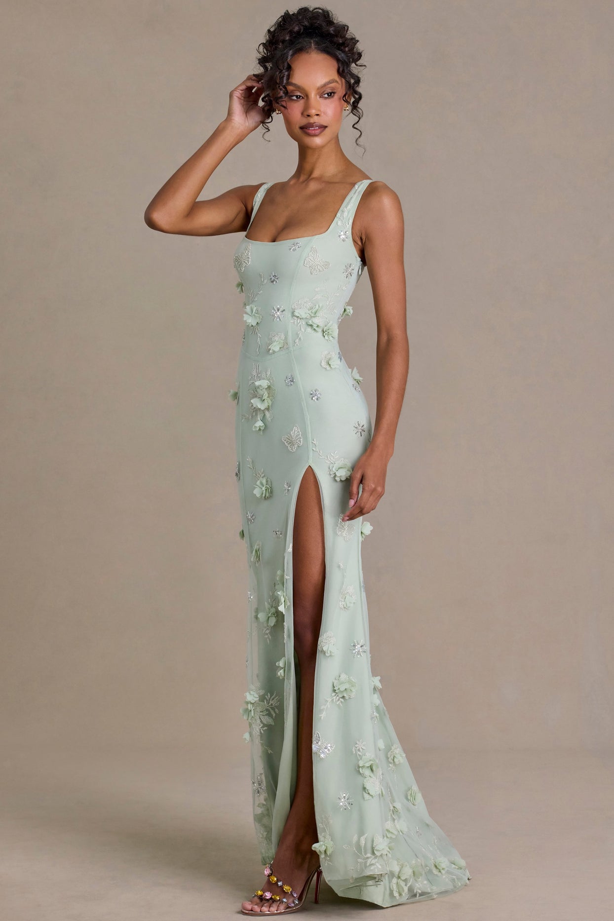 Premium Embellished Corset Gown in Sage Green