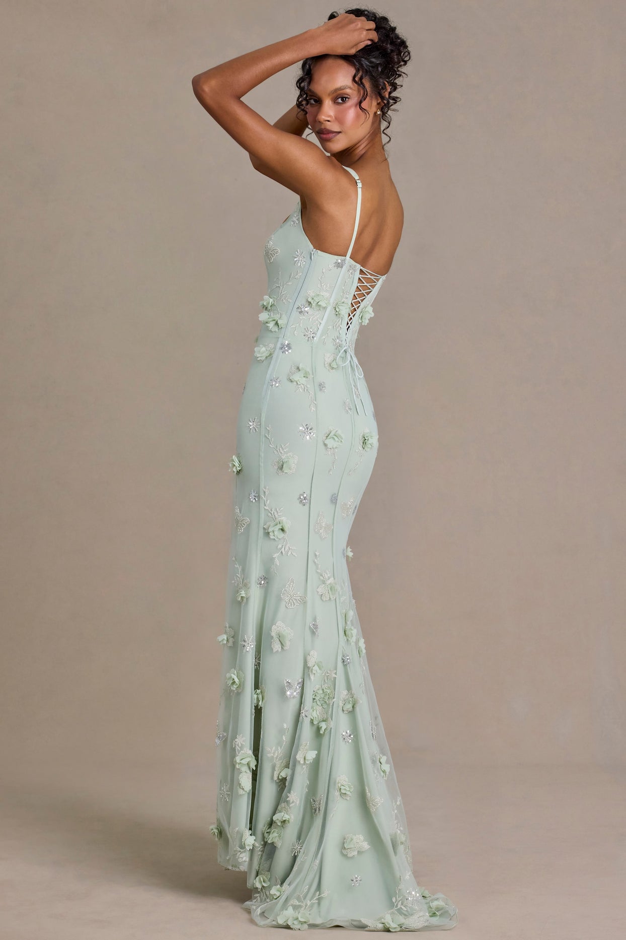 Premium Embellished Corset Gown in Sage Green
