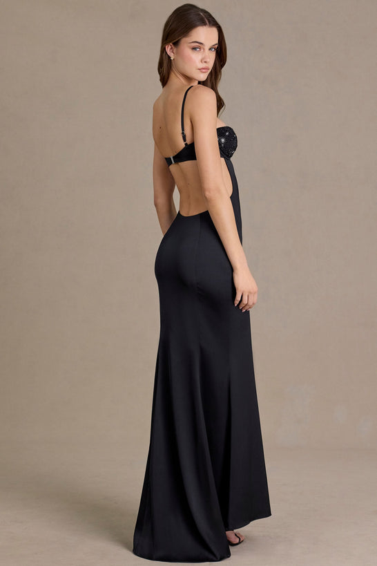Premium Satin Embellished Bralette Gown in Black