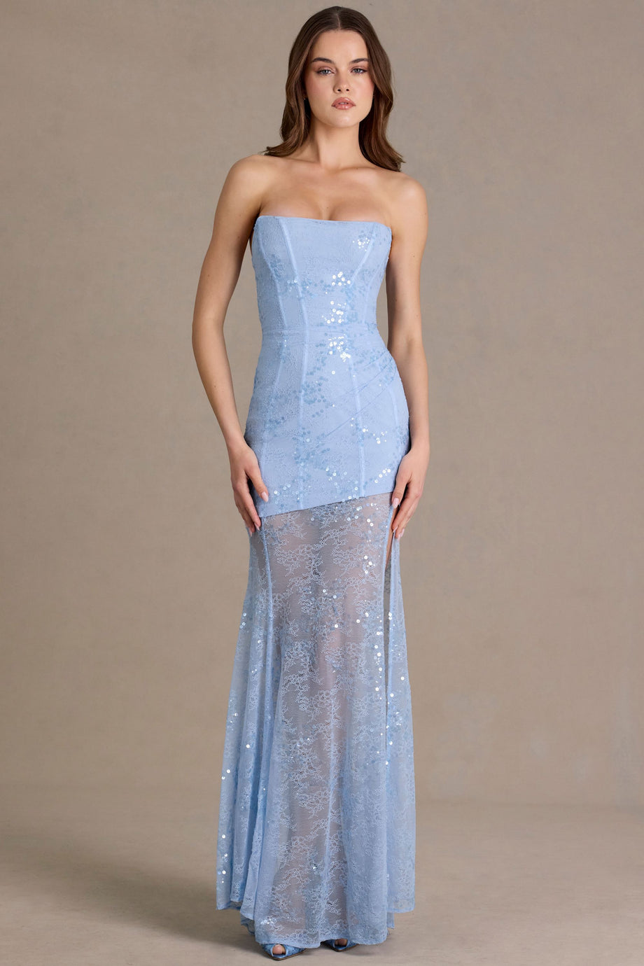 Premium Embellished Lace Corset Gown in Sky Blue
