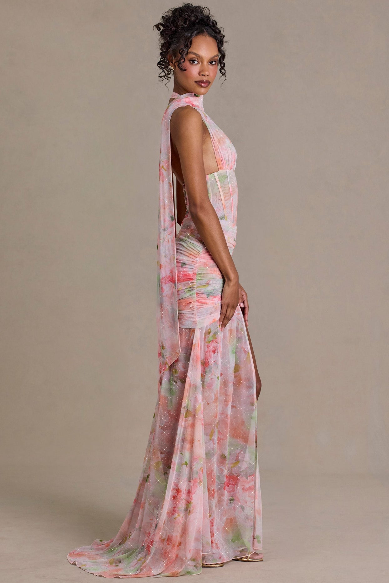 Premium Embellished Scarf-Detail Maxi Dress in Floral Print