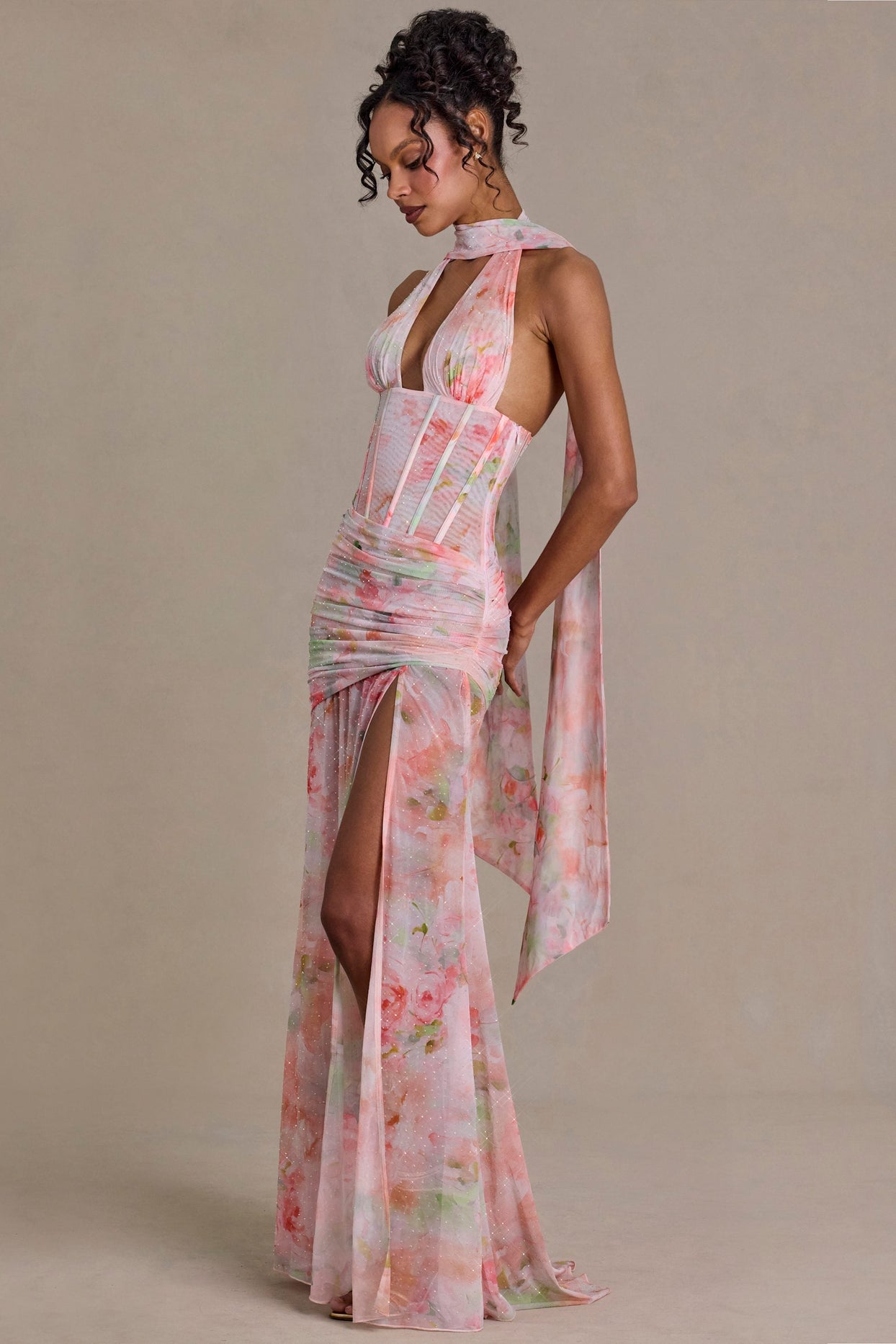Premium Embellished Scarf-Detail Maxi Dress in Floral Print