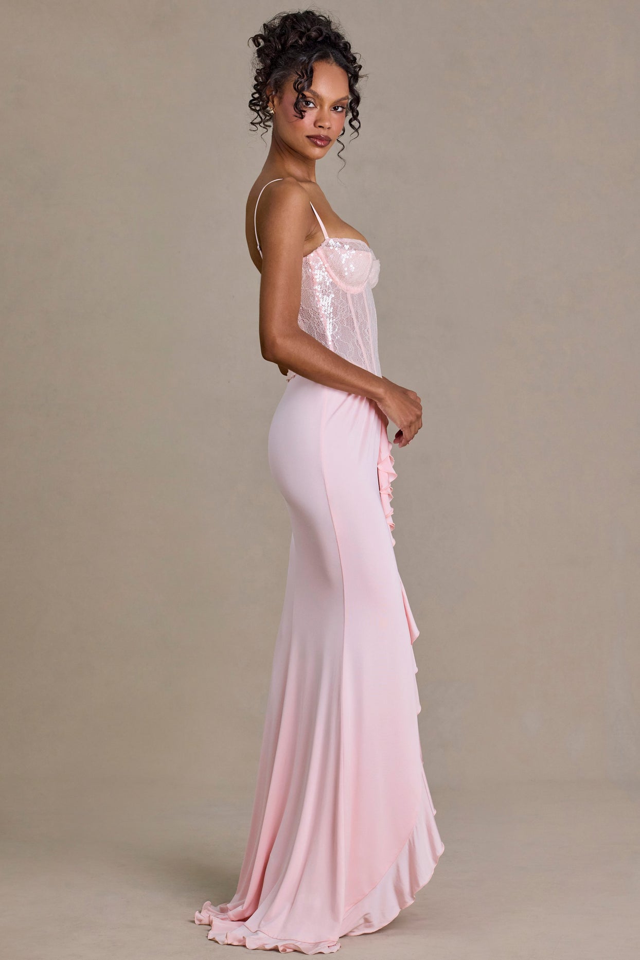 Premium Embellished Lace Corset Gown in Baby Pink