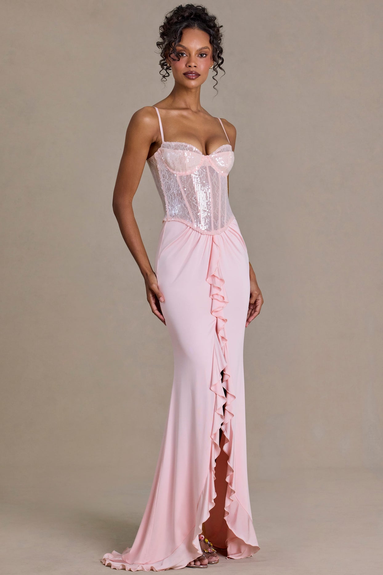Premium Embellished Lace Corset Gown in Baby Pink