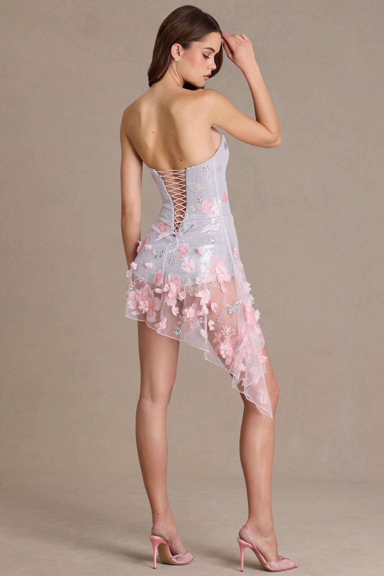 Premium Embellished Tulle Corset Mini Dress in Baby Pink