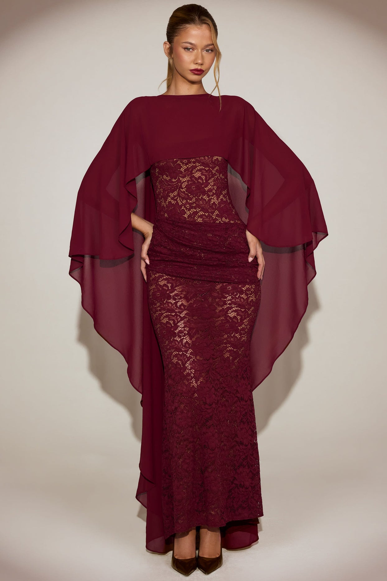 Chiffon Draped Cape in Wine Red