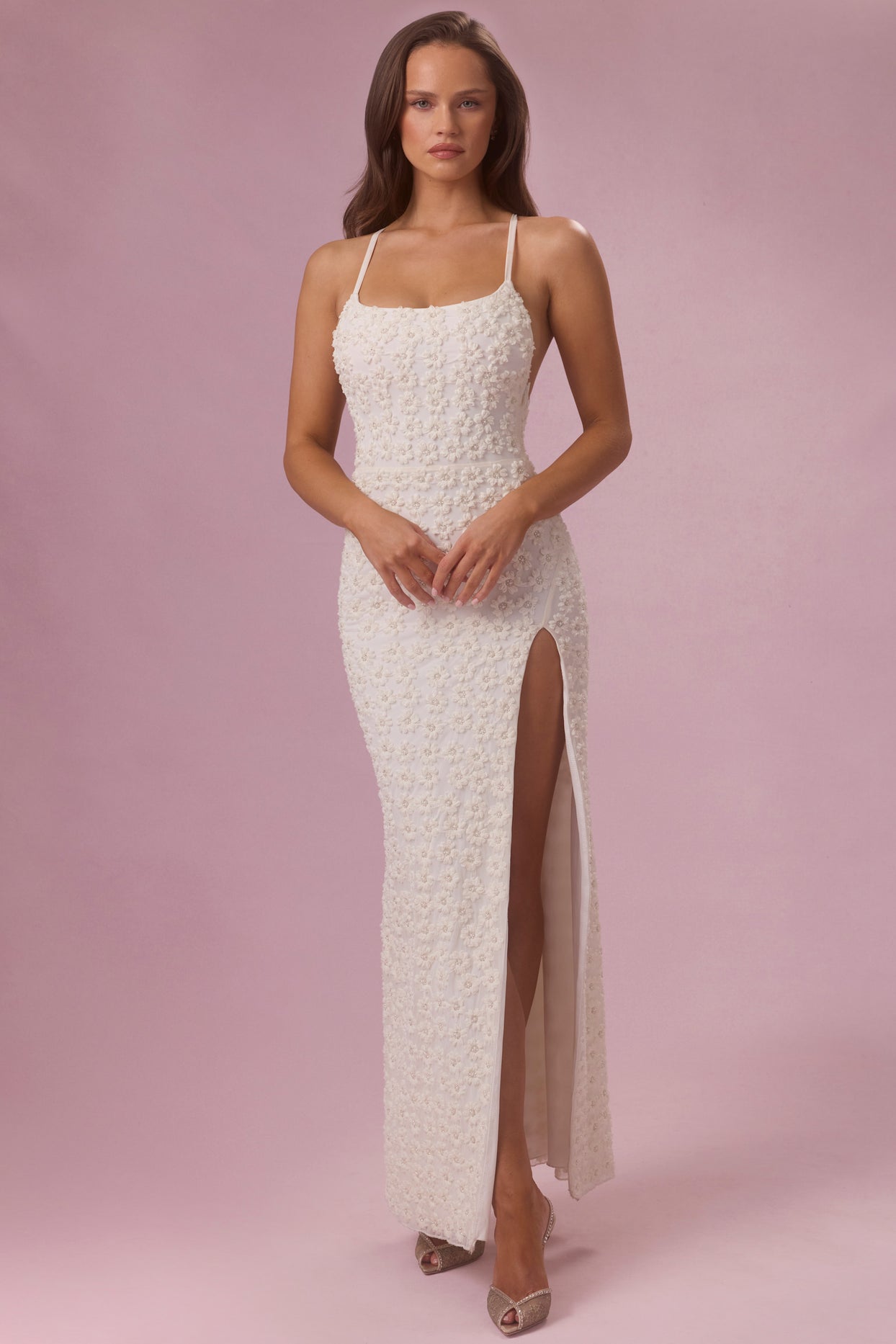 Embellished Square Neck Maxi Dress in Ivory