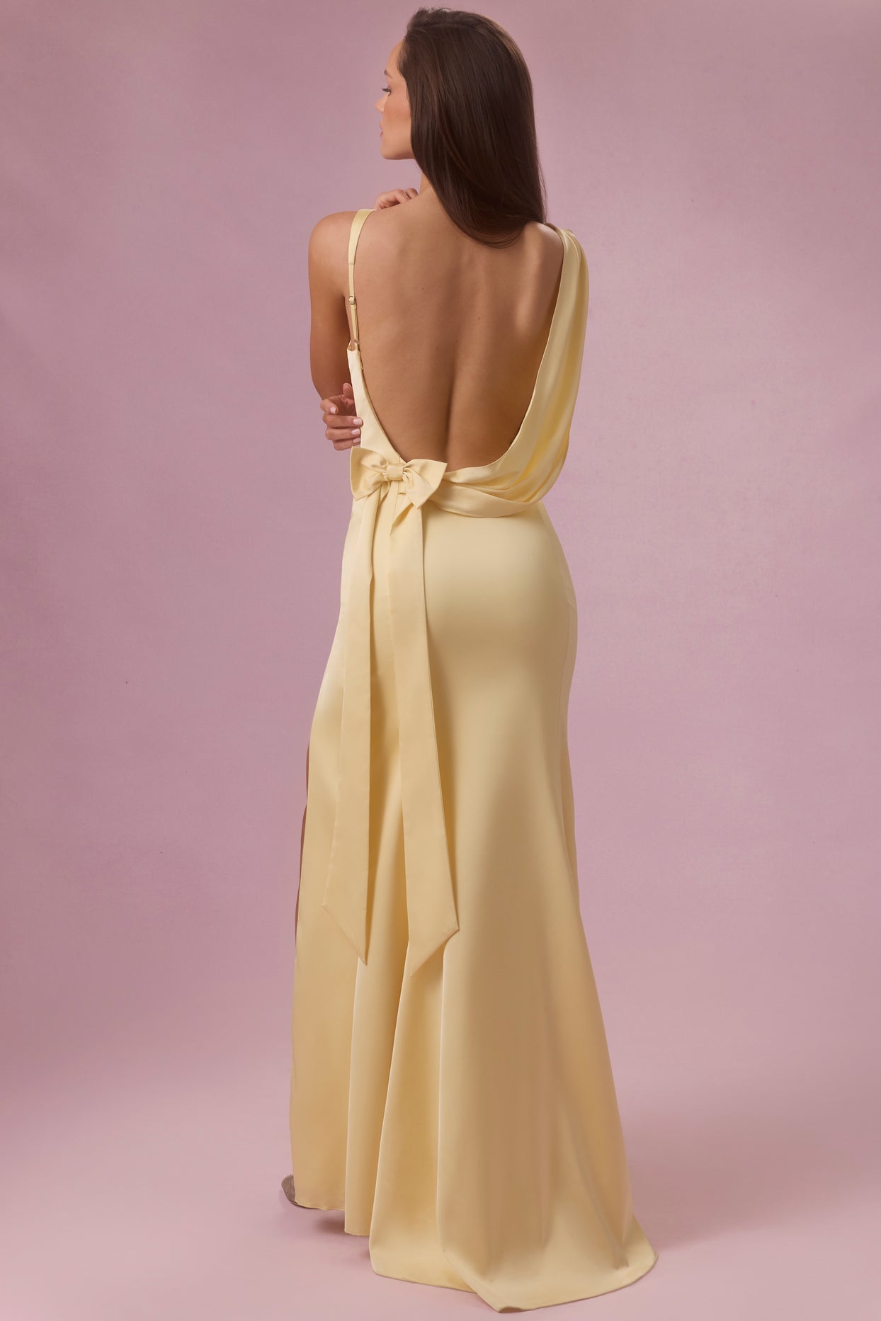 Premium Satin Draped Bridesmaid Dress in Butter Yellow