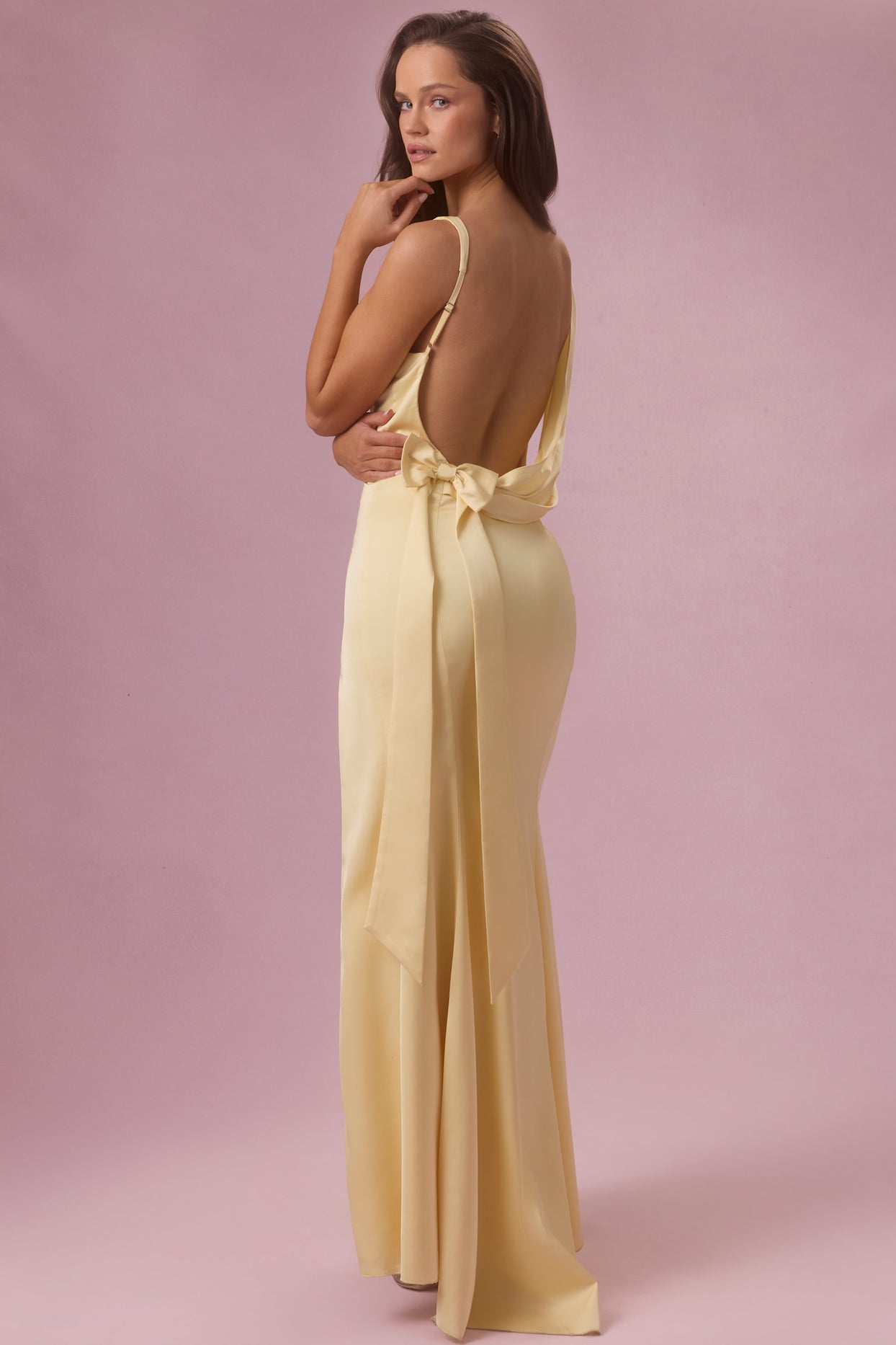 Premium Satin Draped Bridesmaid Dress in Butter Yellow