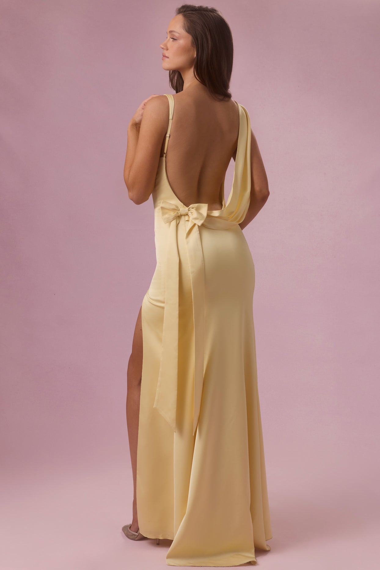 Premium Satin Draped Bridesmaid Dress in Butter Yellow