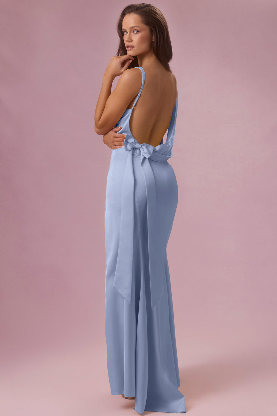 Premium Satin Draped Bridesmaid Dress in Powder Blue