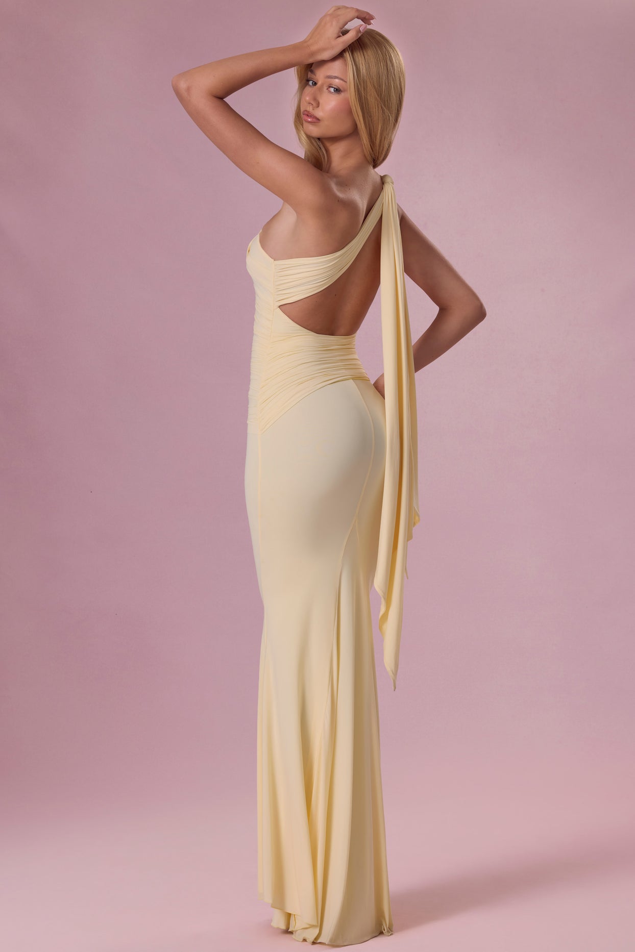 Annelise Premium Jersey One-Shoulder Gown in Butter Yellow | Oh Polly