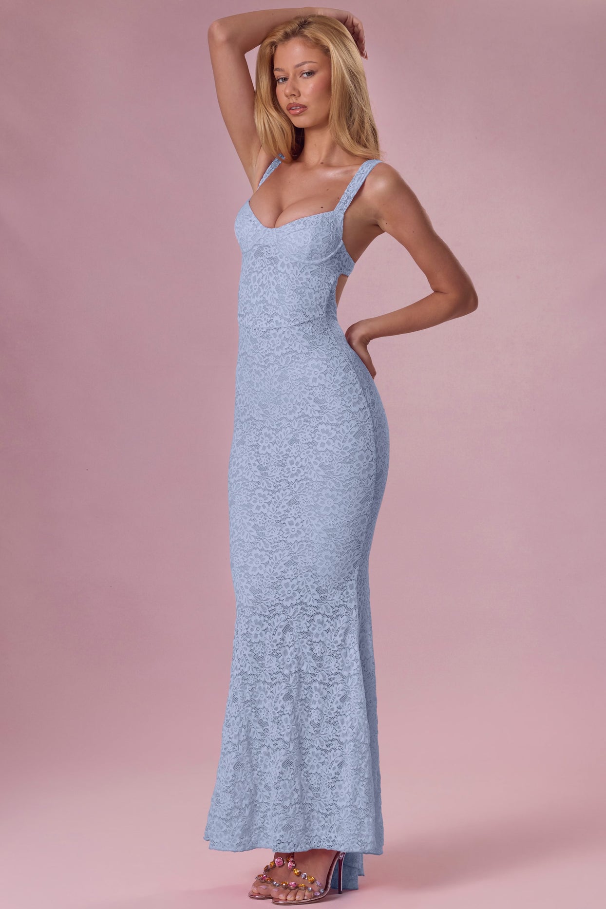 Premium Lace Sweetheart-Neck Gown in Powder Blue