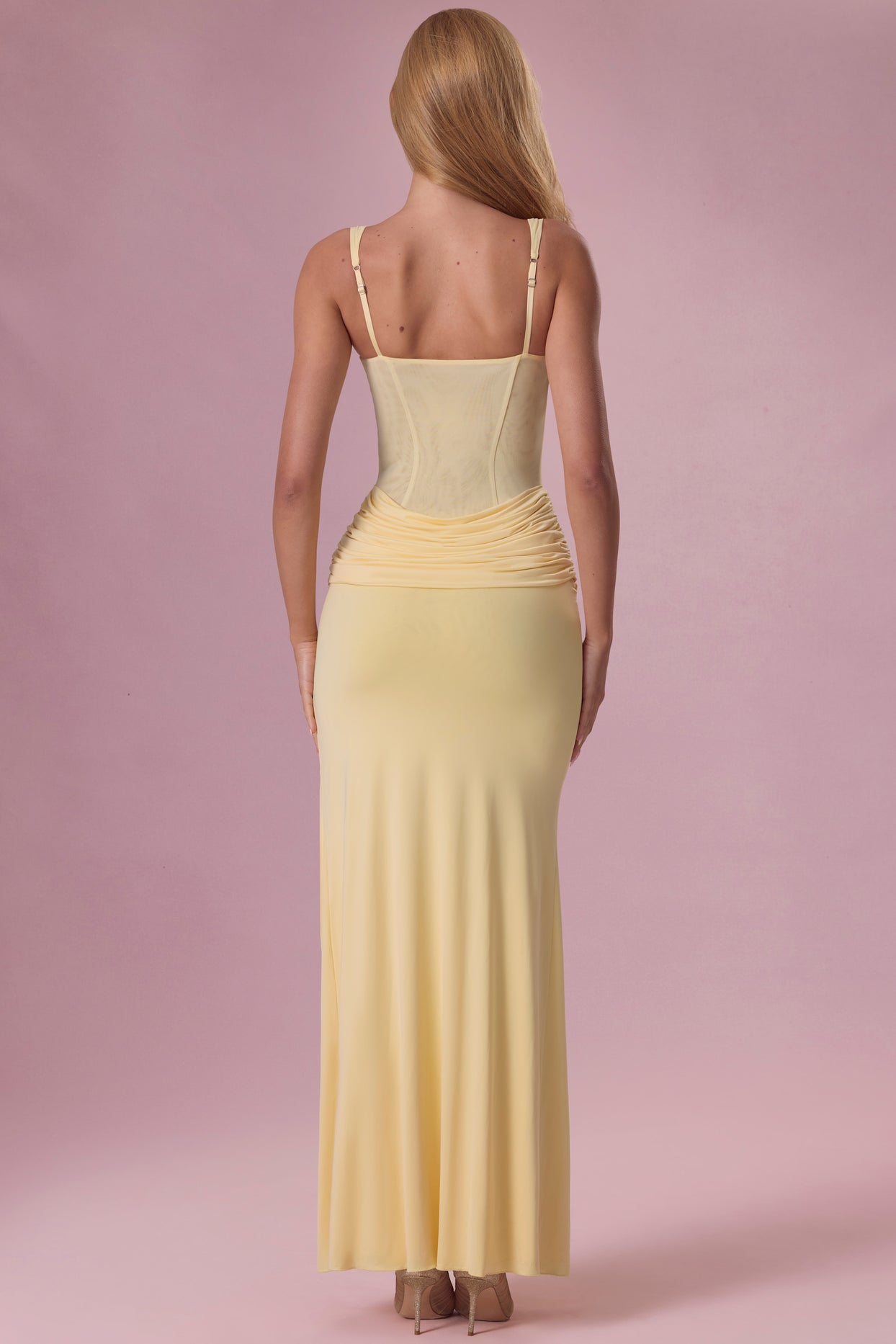 Premium Mesh Draped Bridesmaid Dress in Butter Yellow