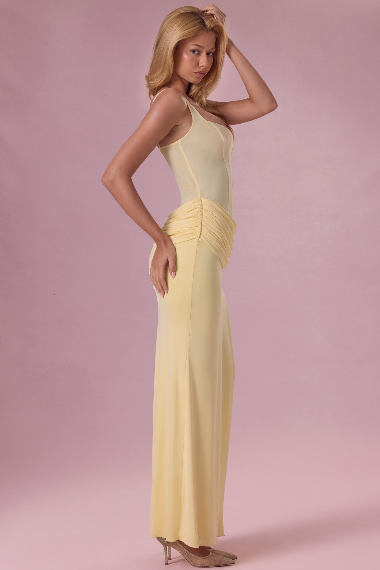 Premium Mesh Draped Bridesmaid Dress in Butter Yellow