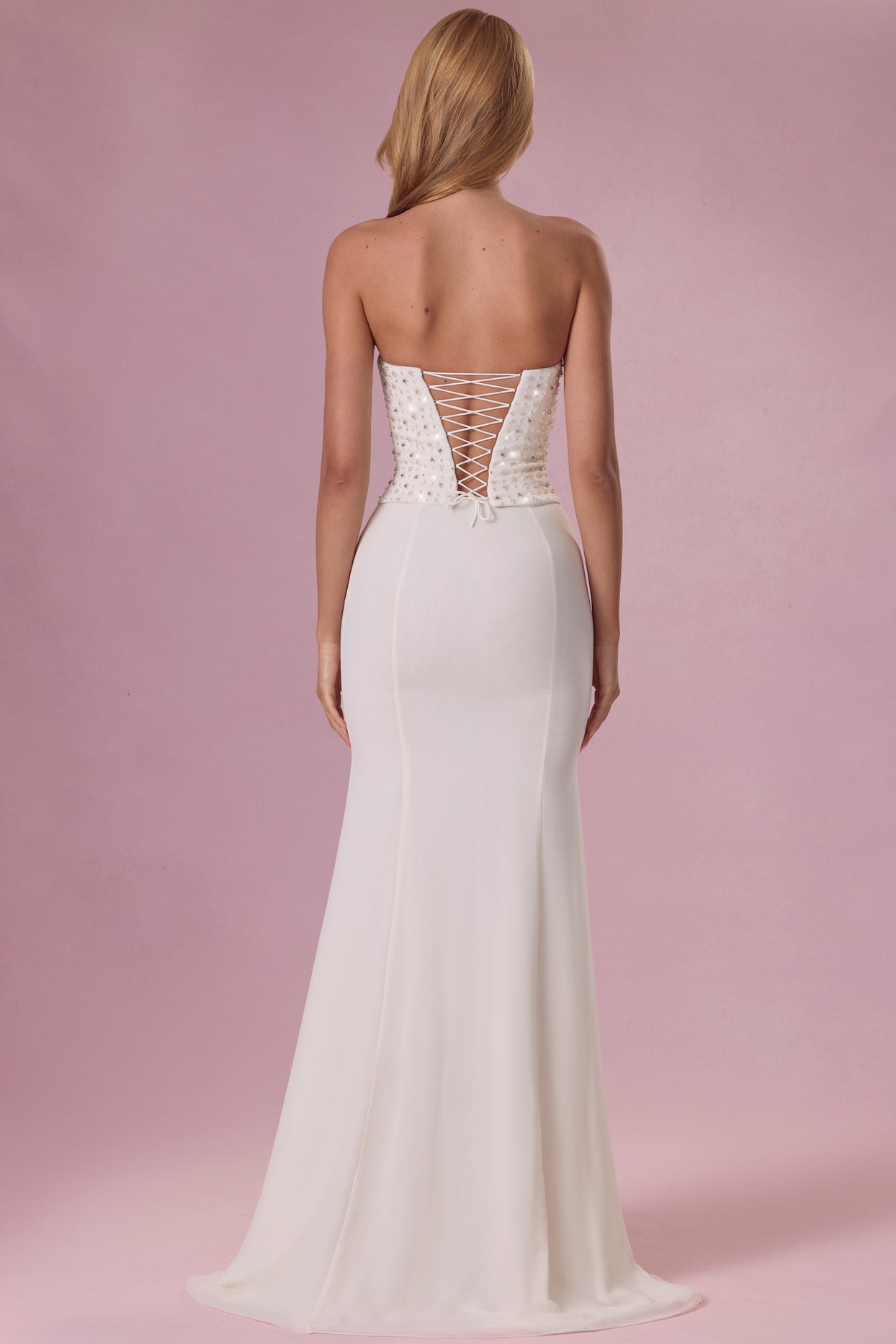 Embellished Corset Strapless Gown in Pearl - 6