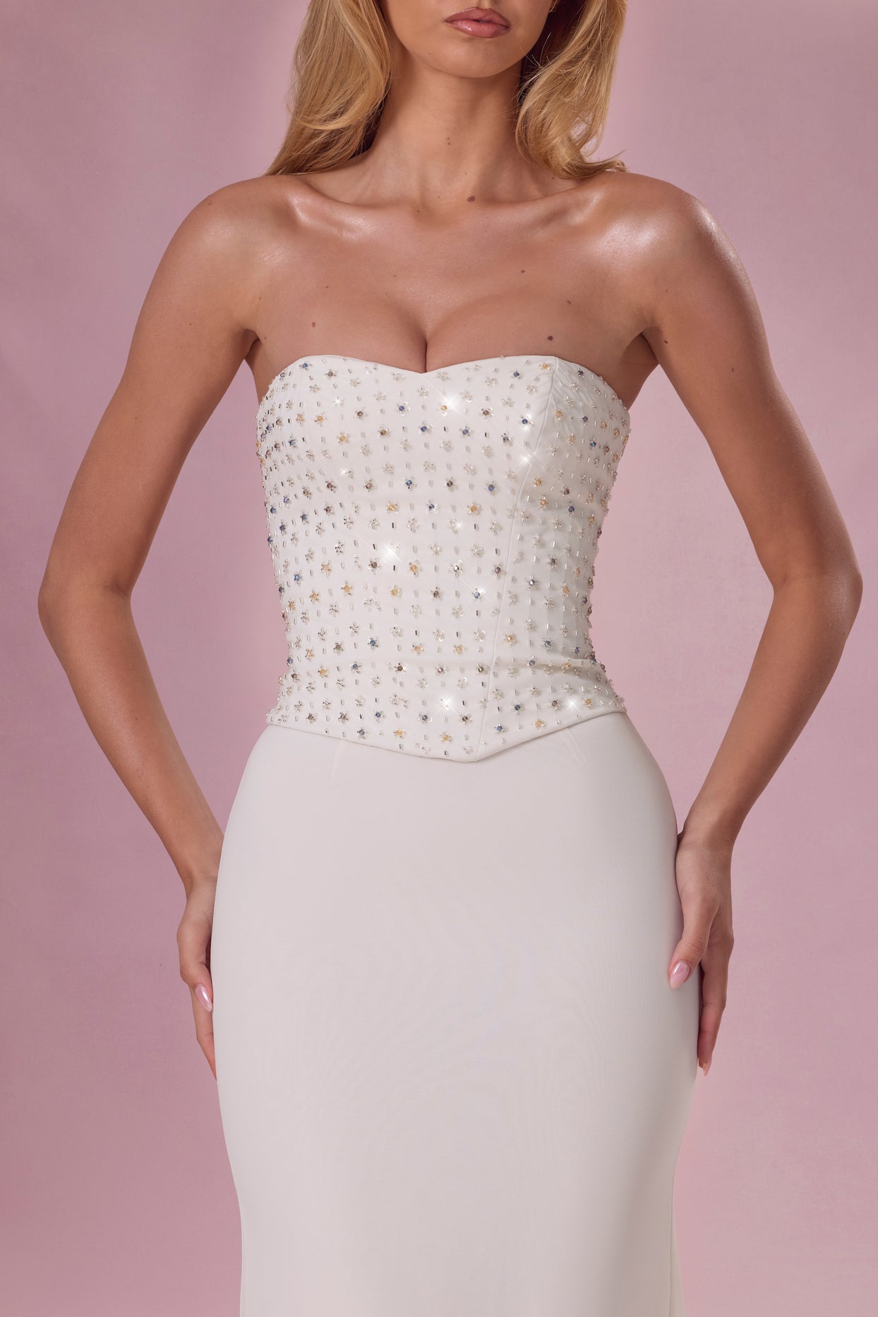 Embellished Corset Strapless Gown in Pearl - 4