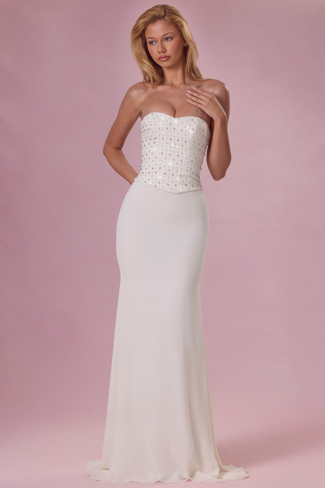 Embellished Corset Strapless Gown in Pearl - 5