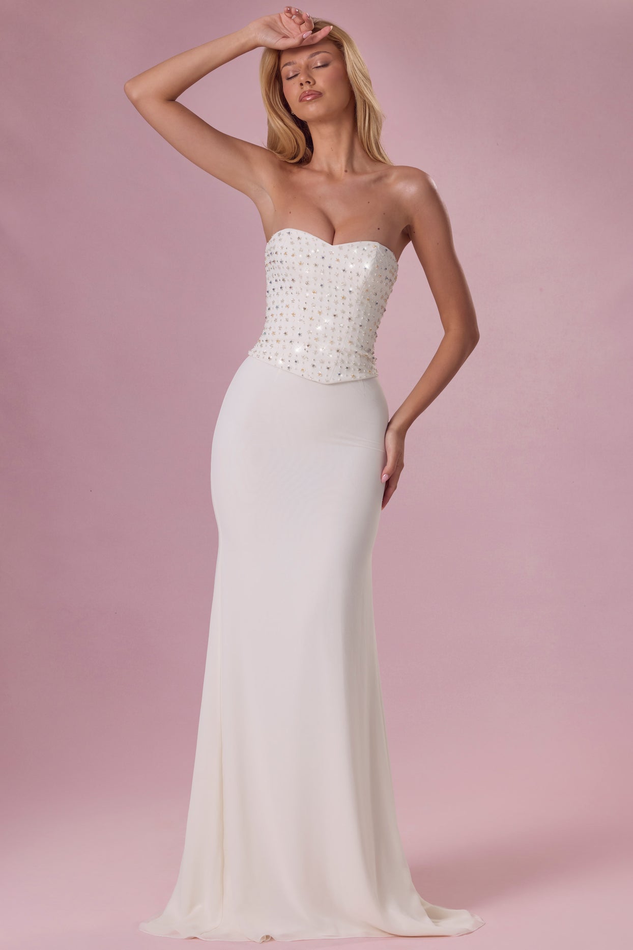 Embellished Corset Strapless Gown in Pearl - 8