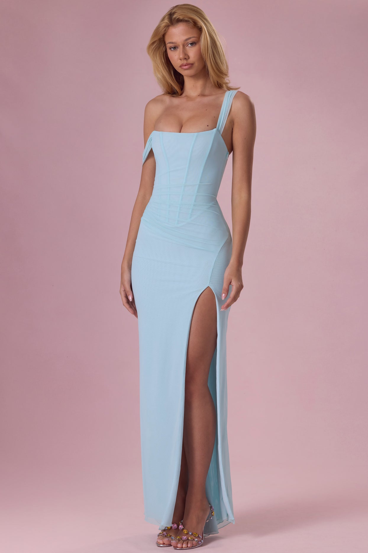 Premium Mesh Draped Corset Gown in Light Aqua