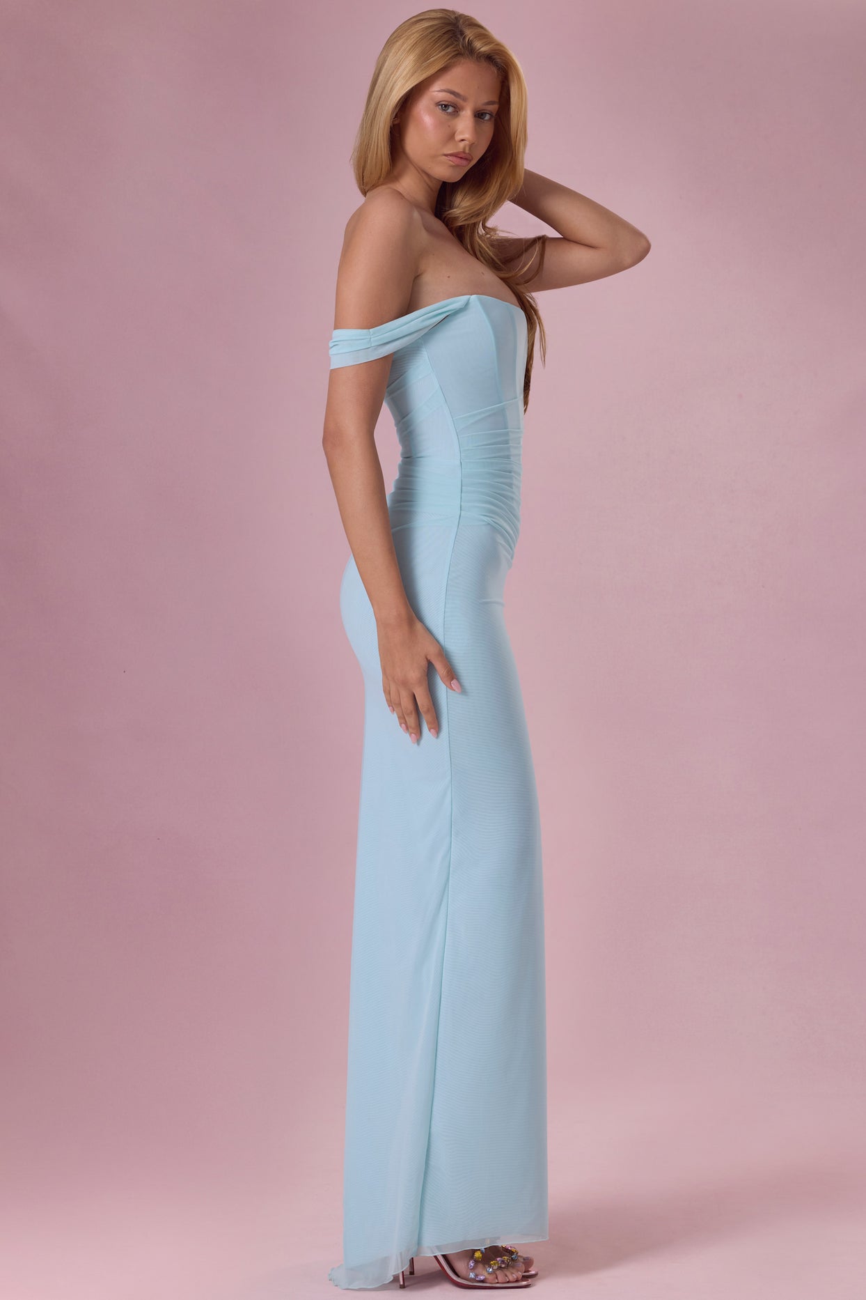 Premium Mesh Draped Corset Gown in Light Aqua