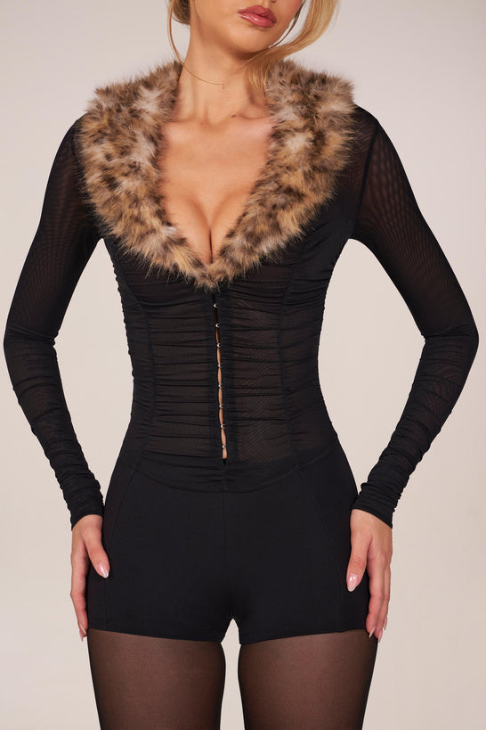 Faux Fur-Trim Playsuit in Black