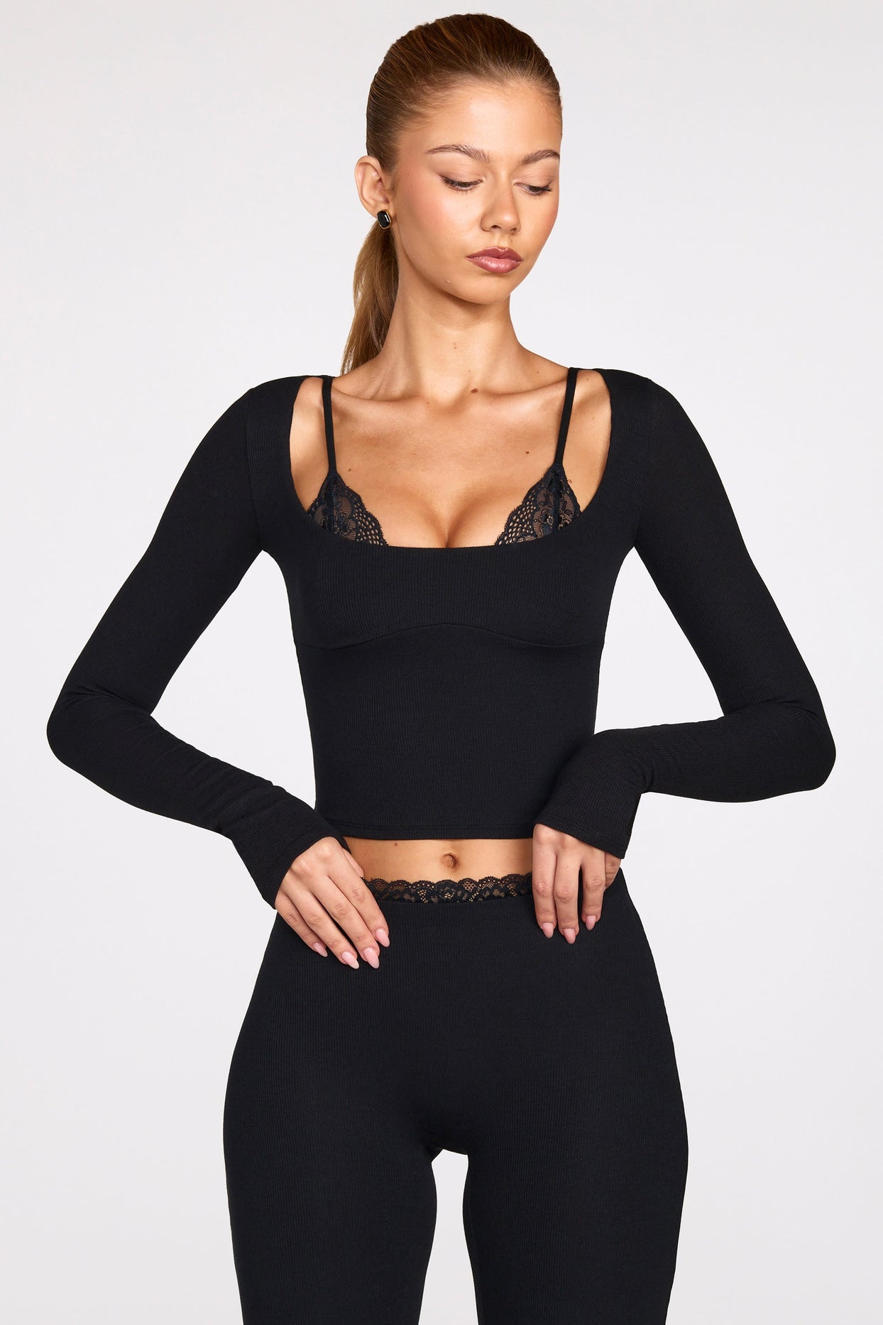 Modal Long-Sleeve Laced Bra Top in Black