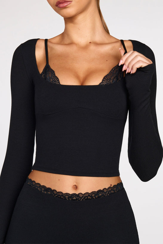 Modal Long-Sleeve Laced Bra Top in Black