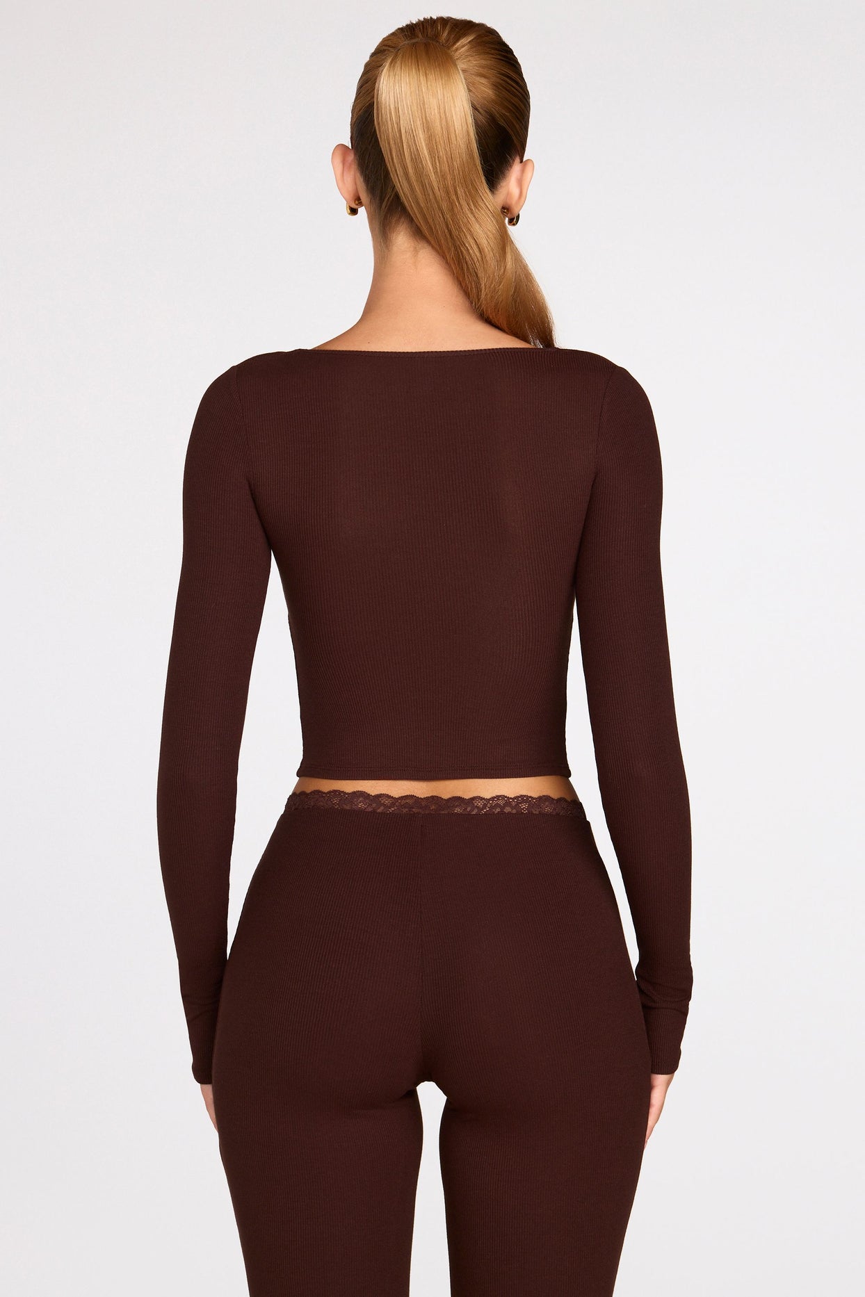 Modal Long-Sleeve Laced Bra Top in Chocolate Brown