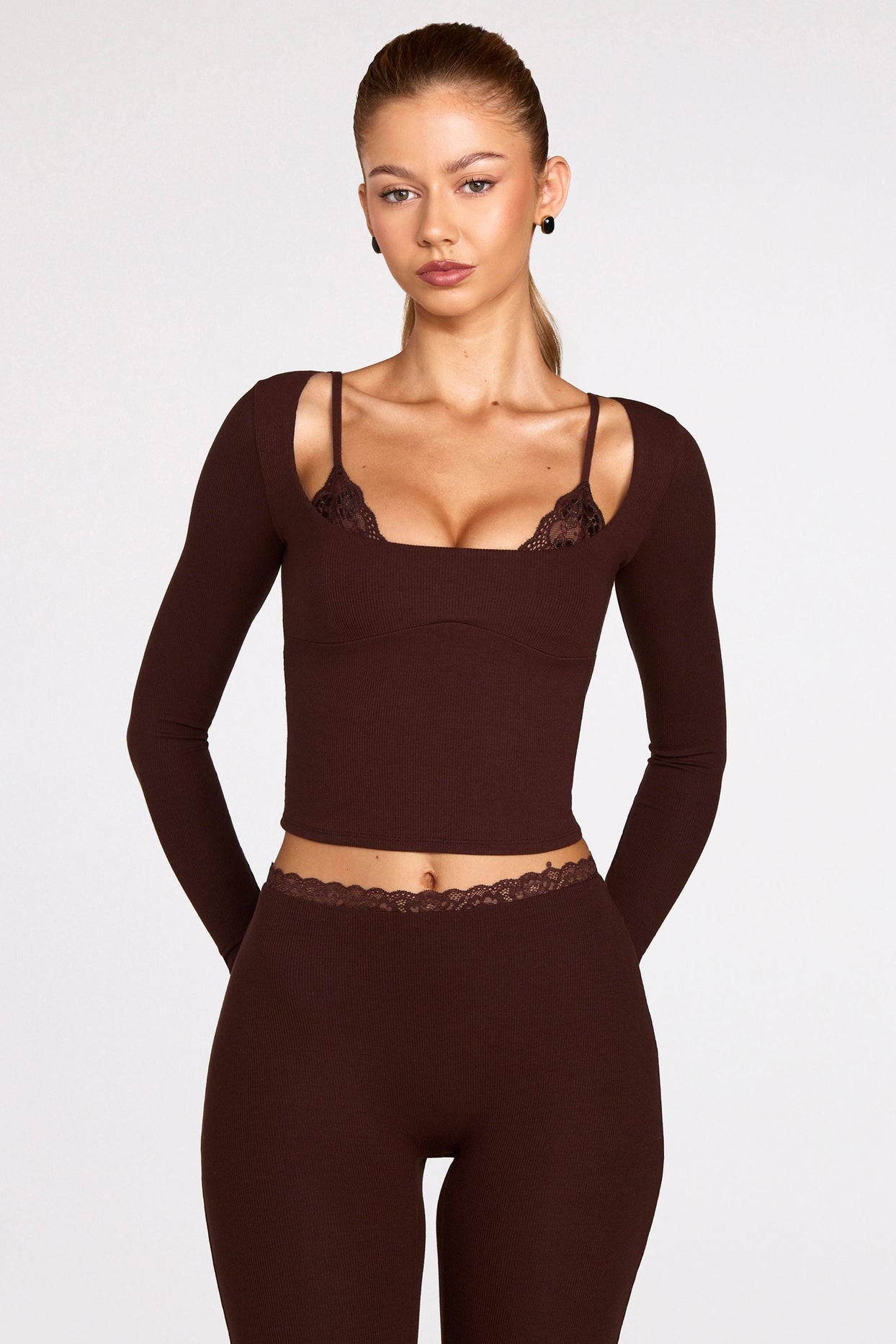 Modal Long-Sleeve Laced Bra Top in Chocolate Brown