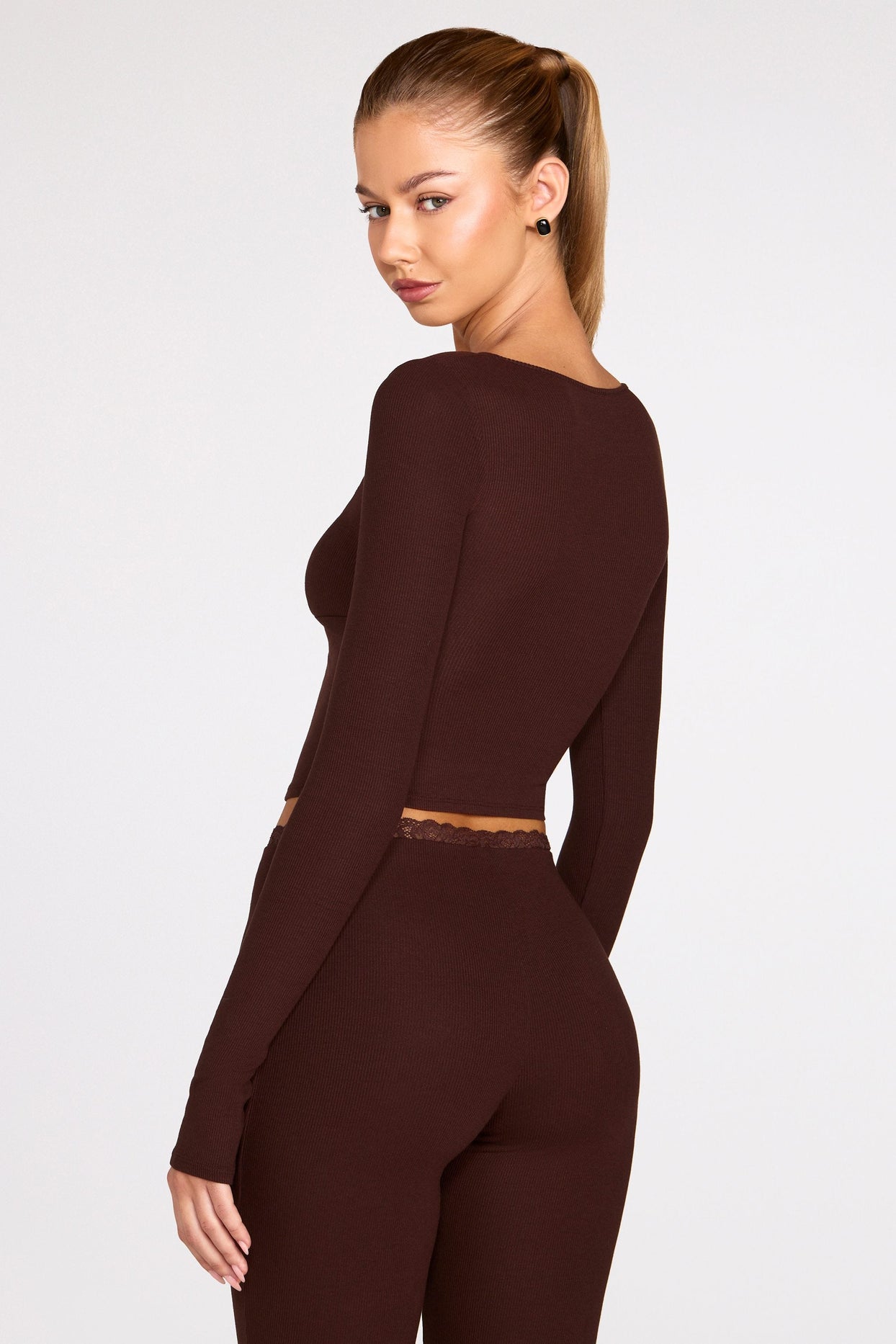 Modal Long-Sleeve Laced Bra Top in Chocolate Brown