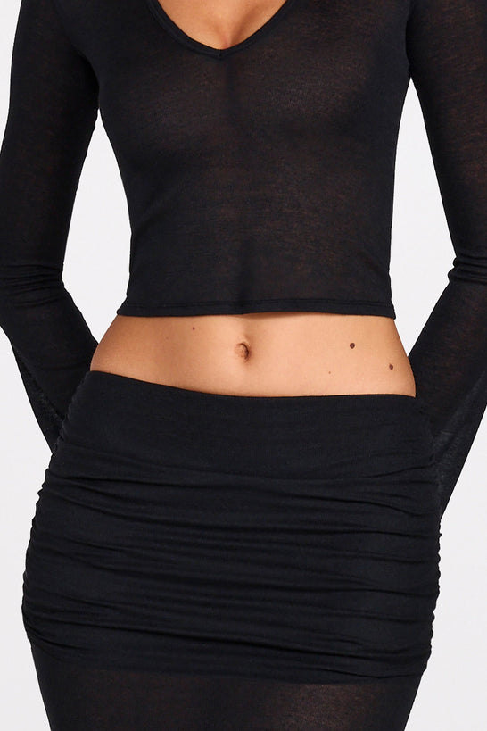 Knit Low-Rise Draped Maxi Skirt in Black