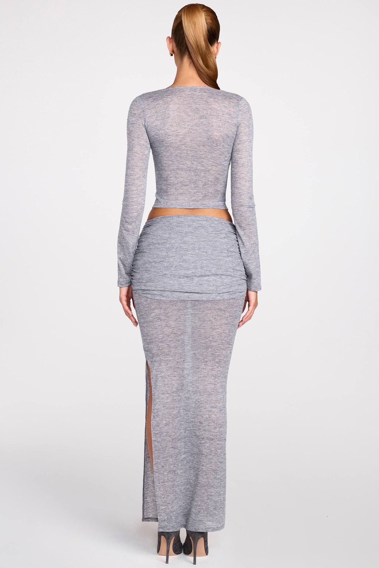 Knit Low-Rise Draped Maxi Skirt in Grey