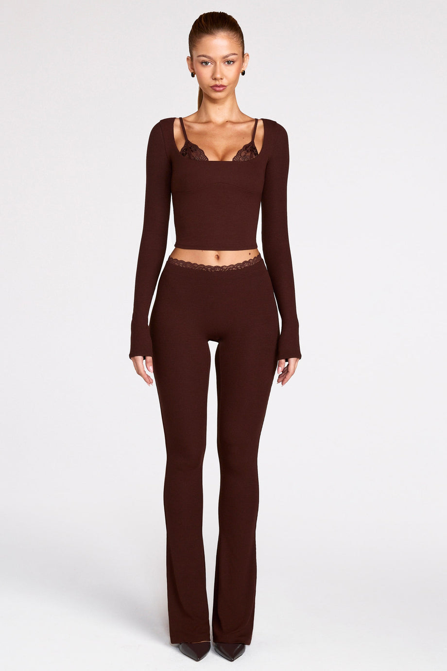 Modal Mid-Rise Flared Trousers in Chocolate Brown