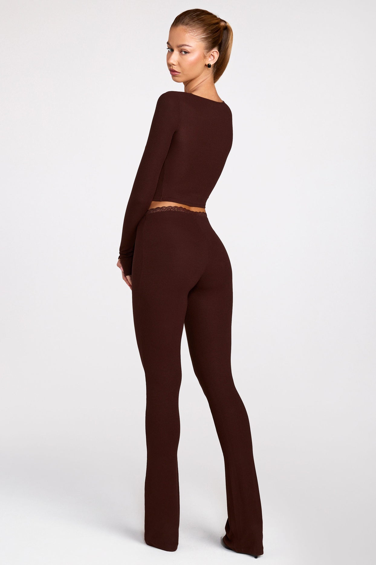 Modal Mid-Rise Flared Trousers in Chocolate Brown