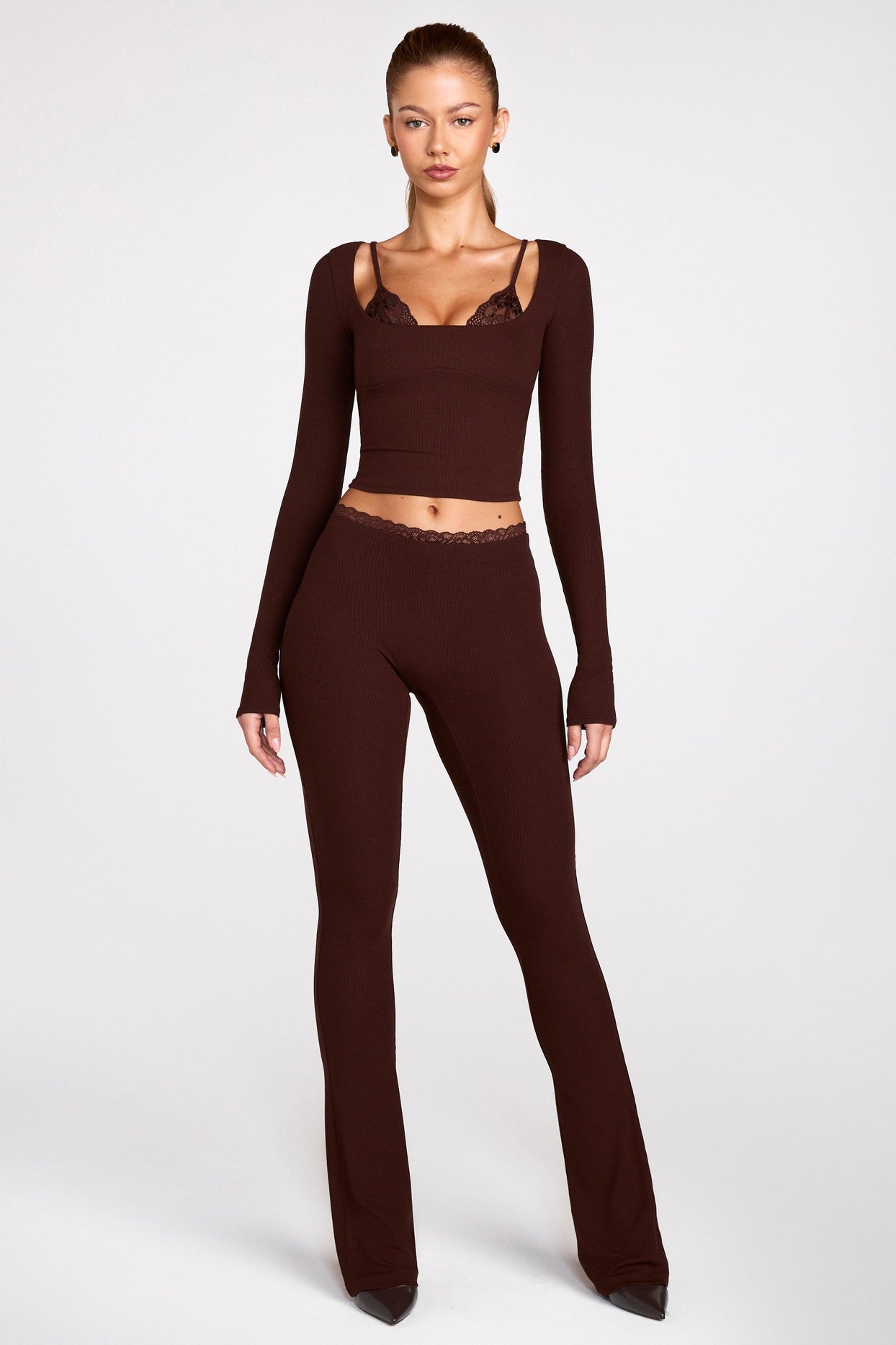 Modal Mid-Rise Flared Trousers in Chocolate Brown