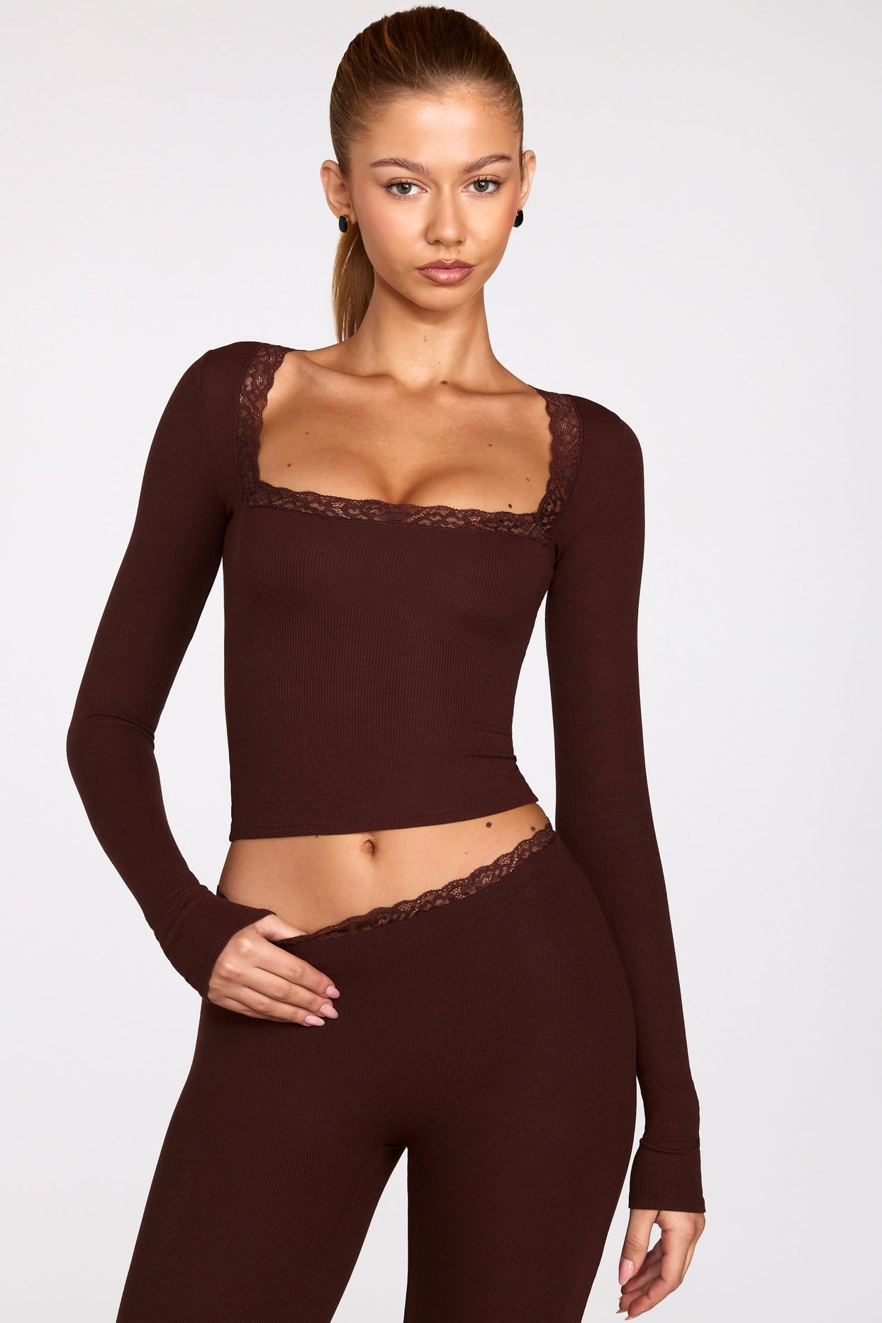 Modal Square-Neck Long-Sleeve Top in Chocolate Brown