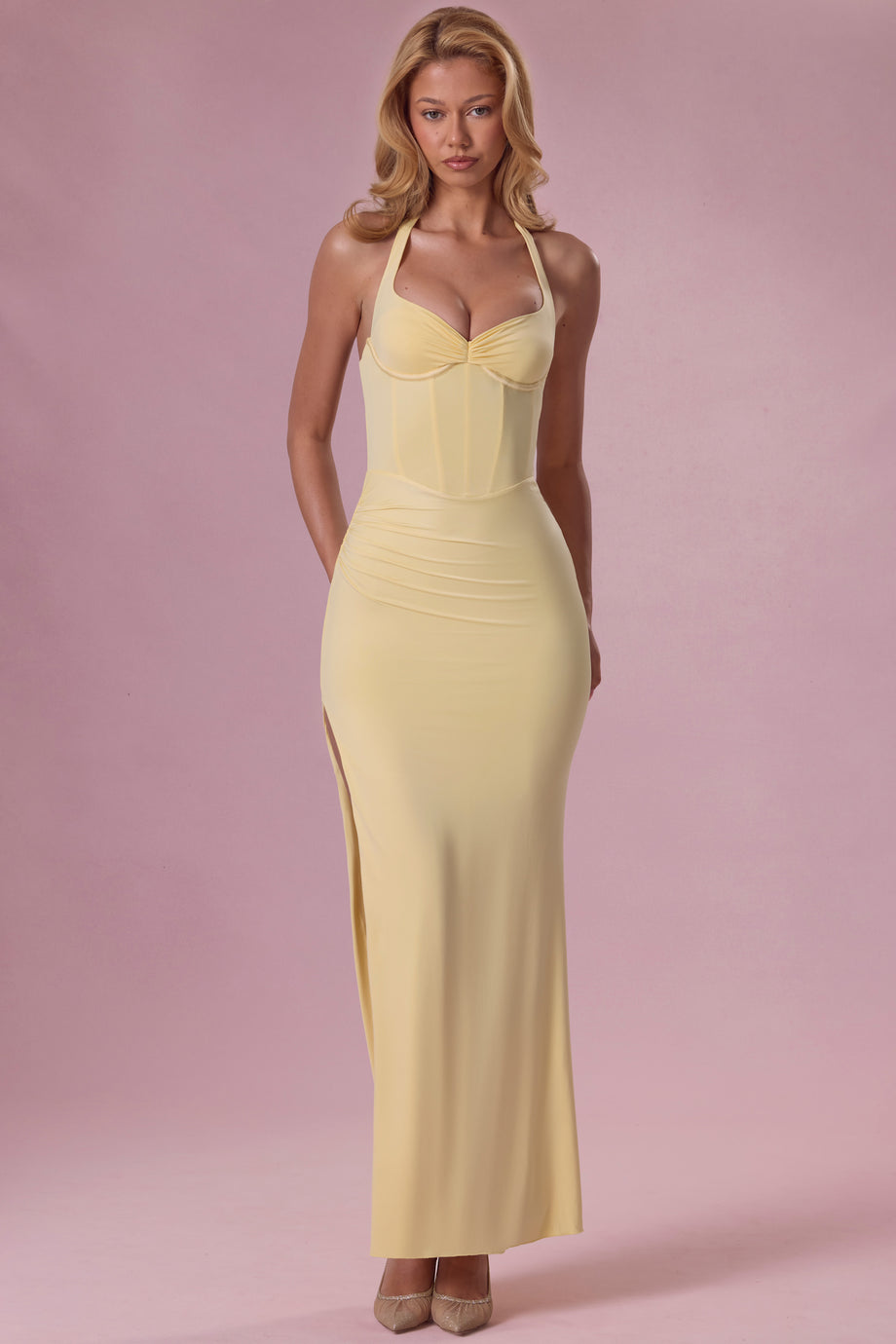 Premium Jersey Corset Bridesmaid Dress in Butter Yellow
