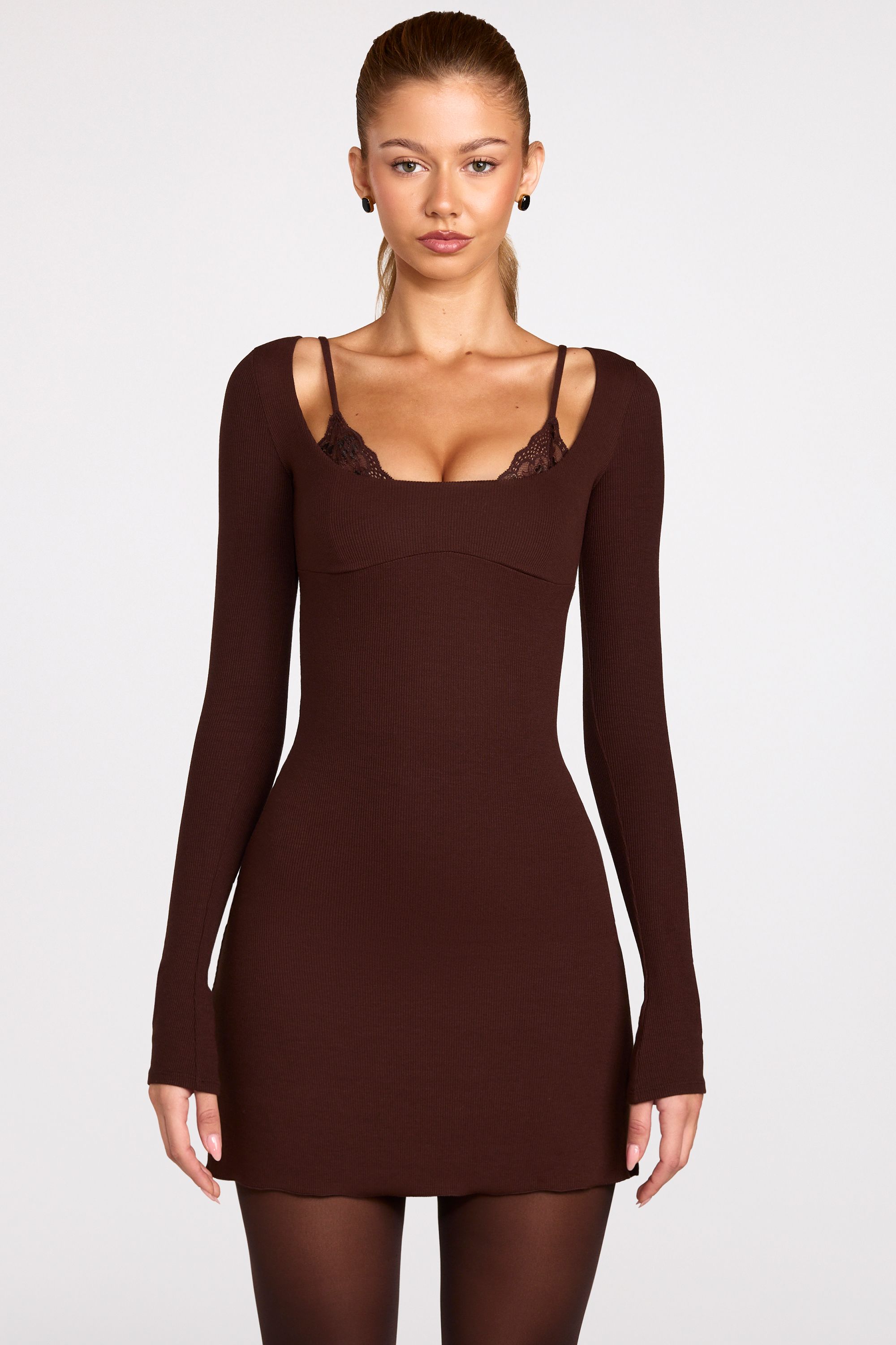 Ribbed Modal Long-Sleeve Laced Bra Mini Dress in Chocolate Brown