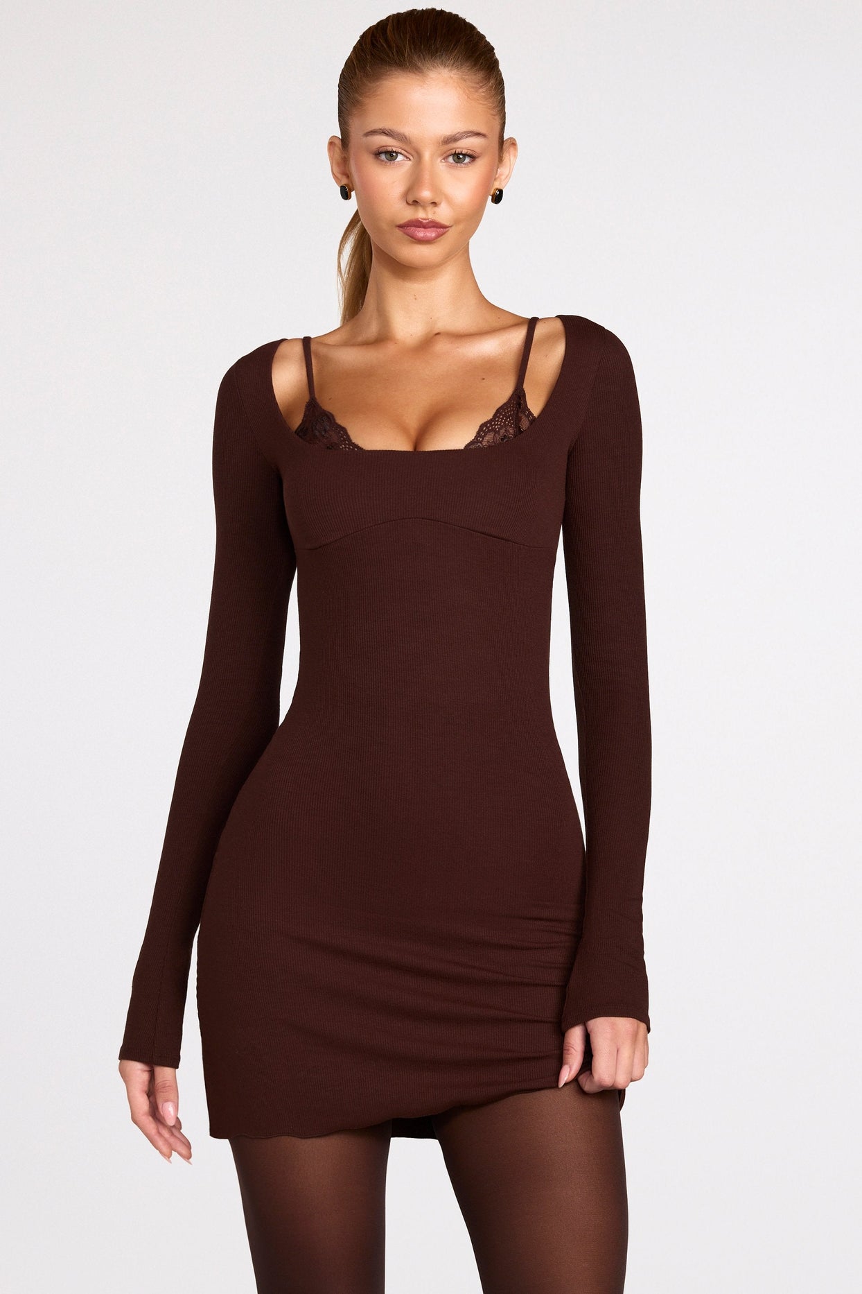 Modal Long-Sleeve Laced Bra Mini Dress in Chocolate Brown