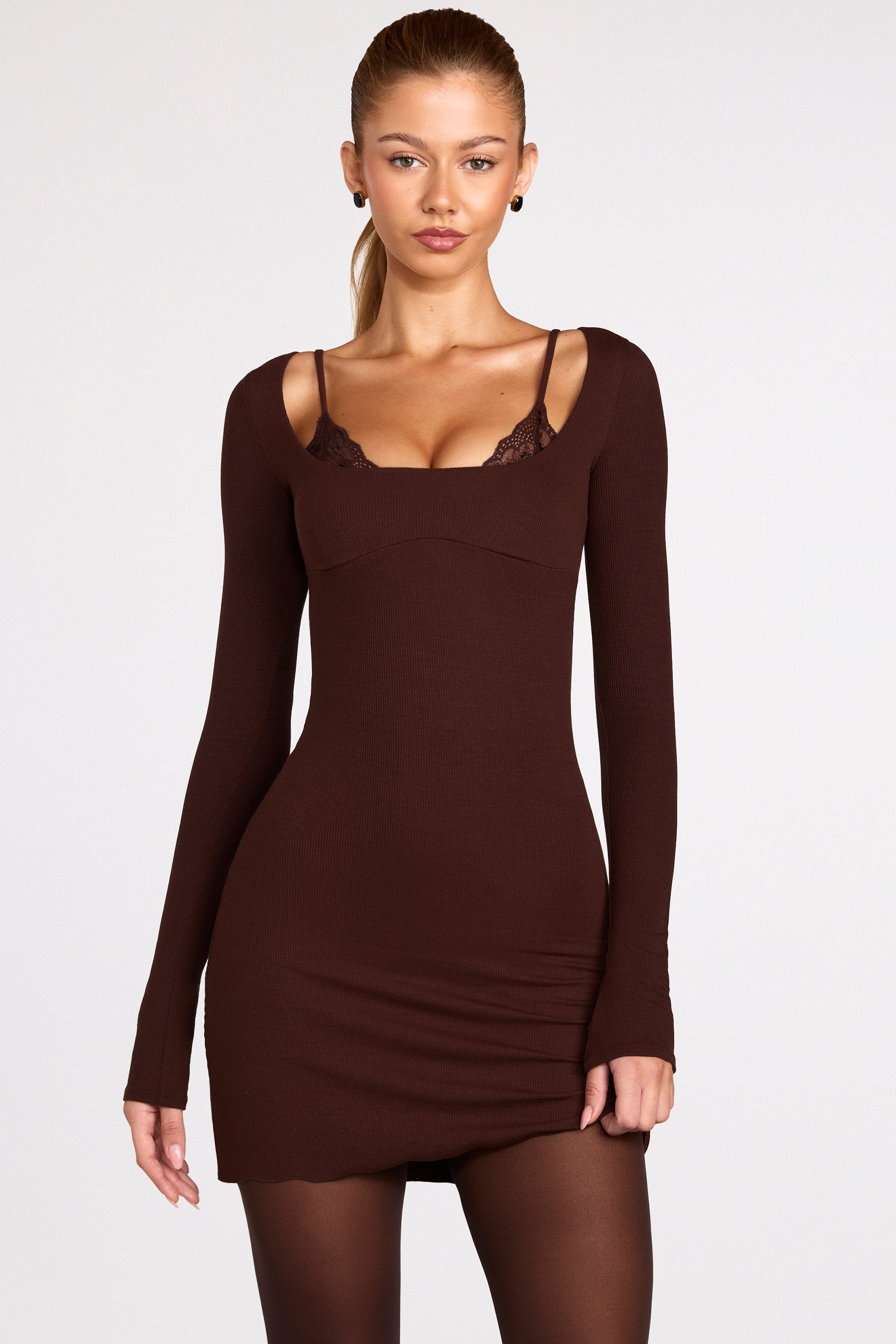 Ribbed Modal Long-Sleeve Laced Bra Mini Dress in Chocolate Brown