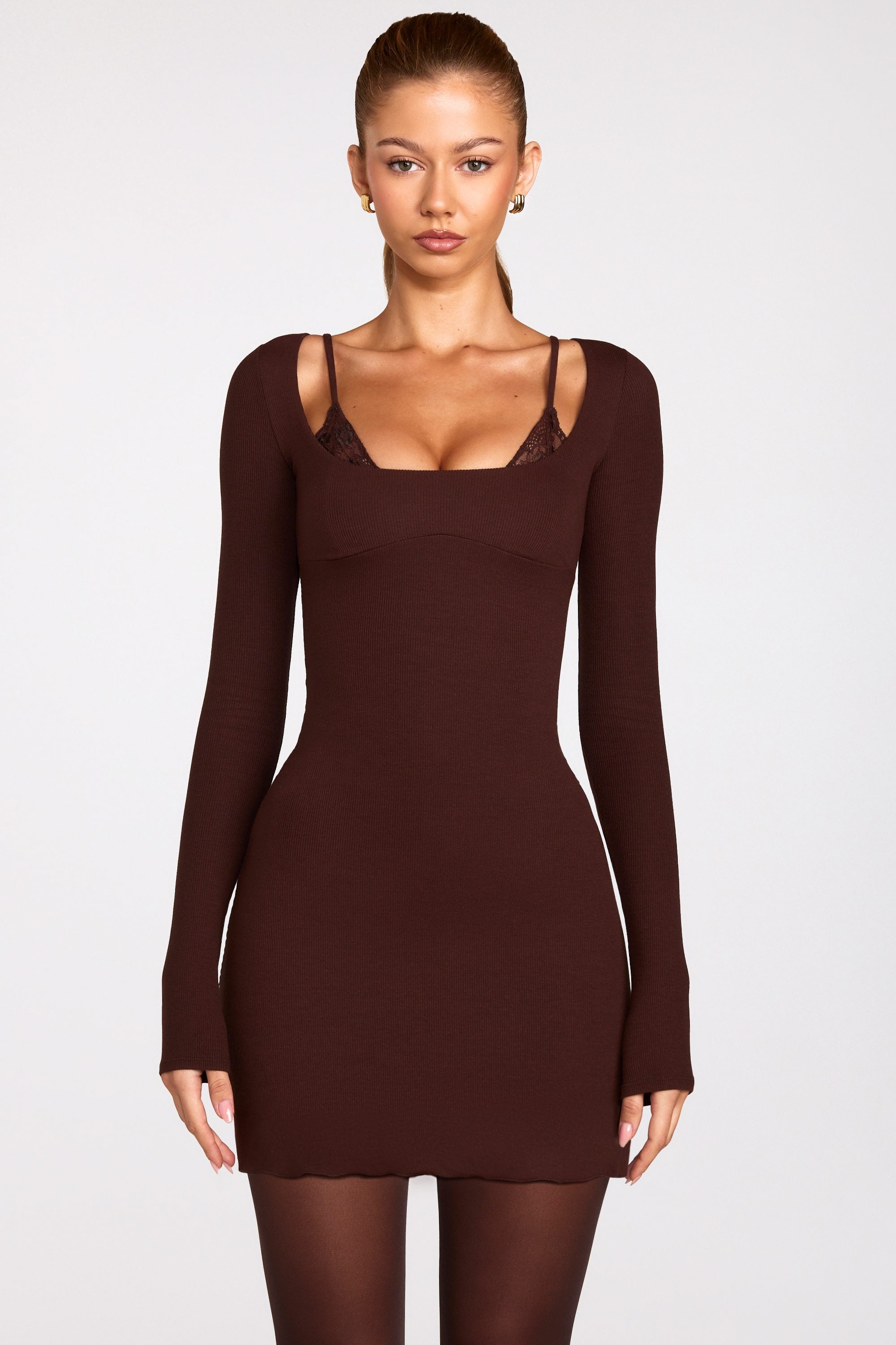 Ribbed Modal Long-Sleeve Laced Bra Mini Dress in Chocolate Brown