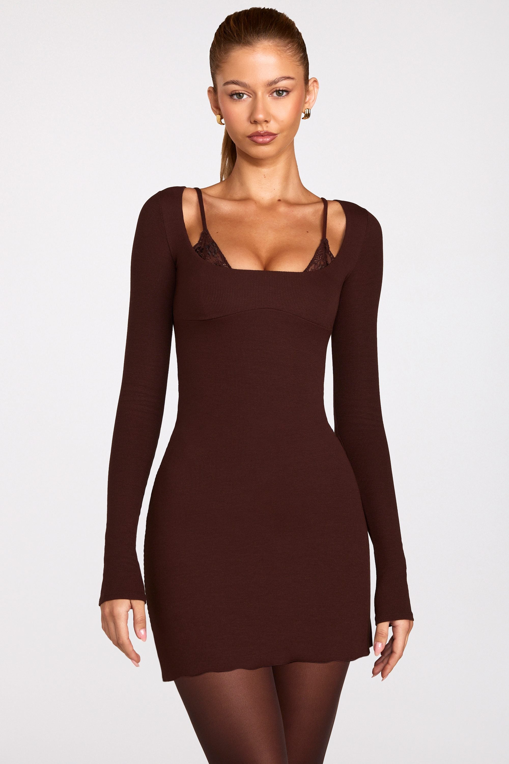 Ribbed Modal Long-Sleeve Laced Bra Mini Dress in Chocolate Brown