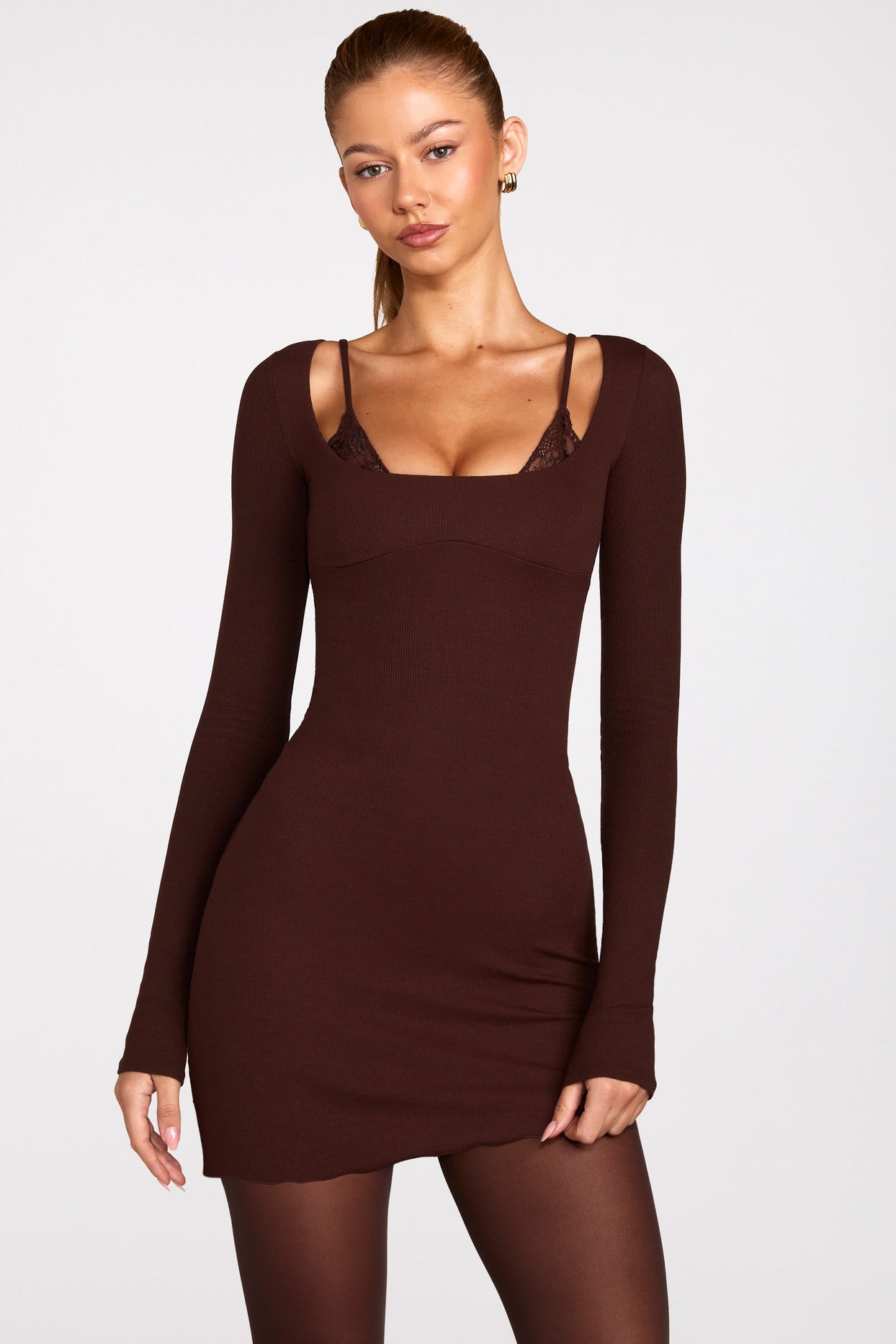 Modal Long-Sleeve Laced Bra Mini Dress in Chocolate Brown
