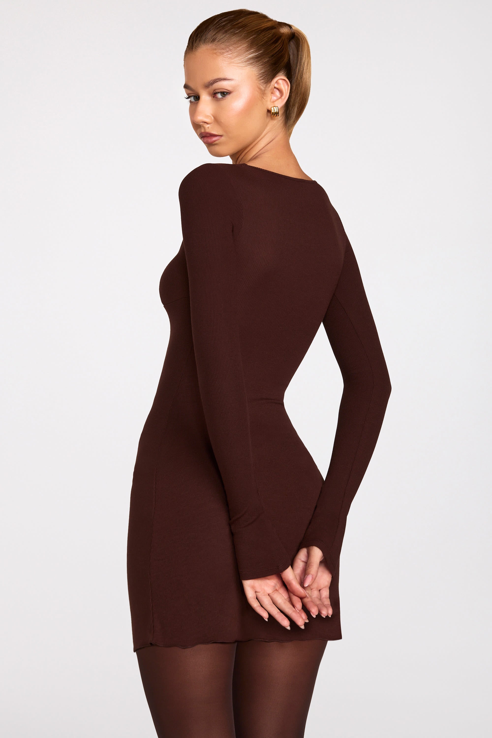 Ribbed Modal Long-Sleeve Laced Bra Mini Dress in Chocolate Brown