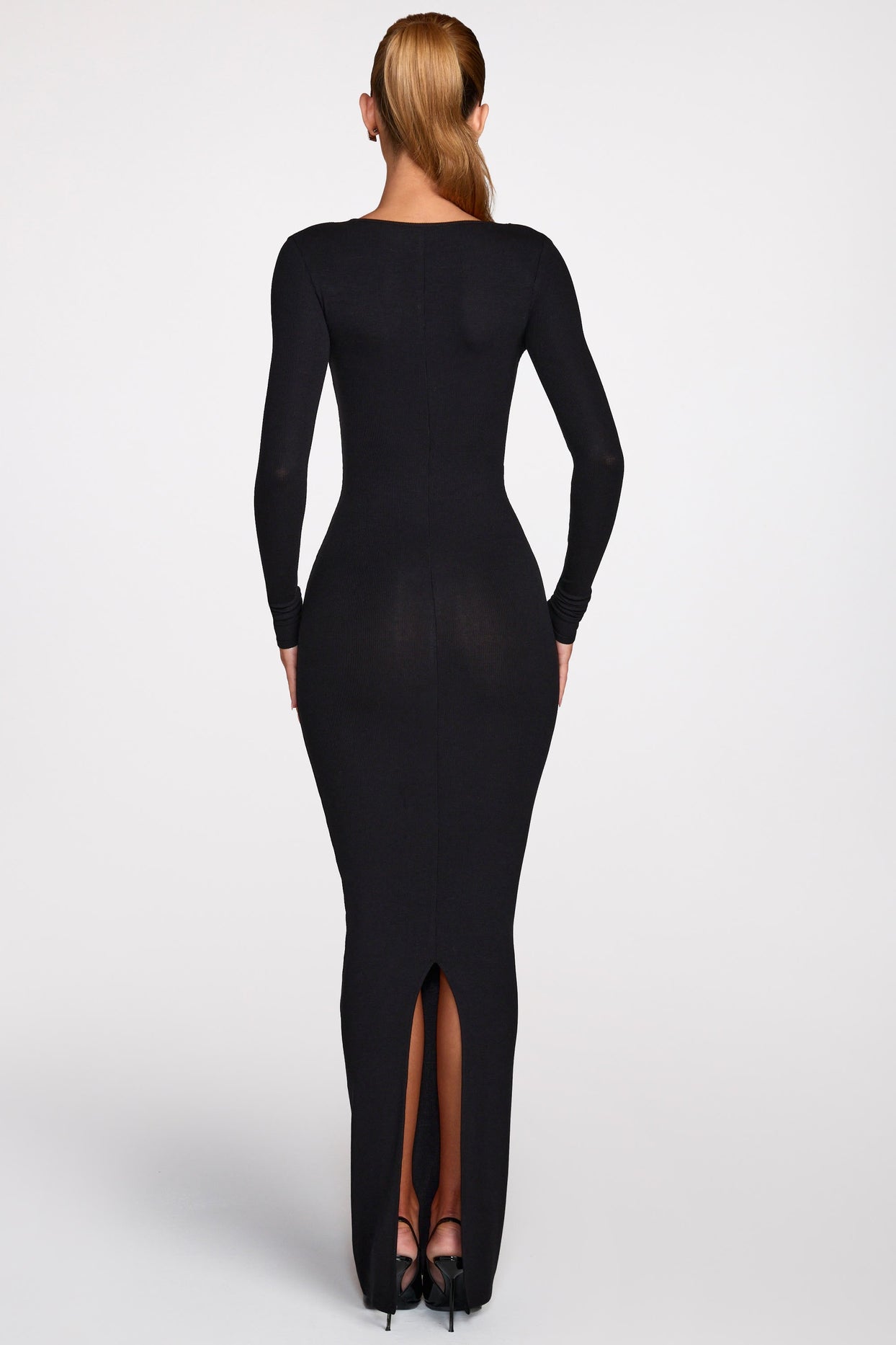 Modal Long-Sleeve Plunge Maxi Dress in Black